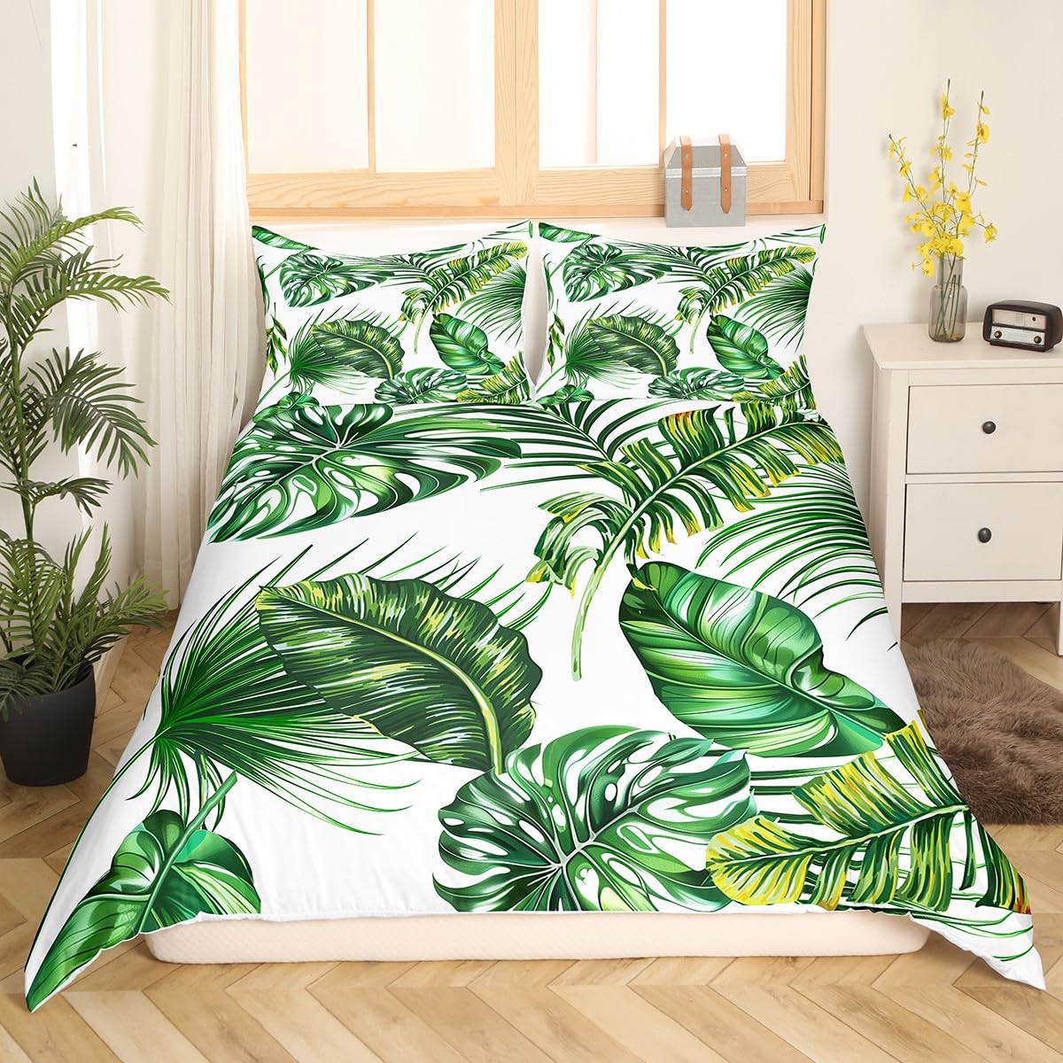 Erosebridal Palm Leaves Comforter Cover Monstera Banana Leaves Duvet Cover Hawaiian Tropical Leaf Bedding Set Green Branches Quilt Cover for Men Women, White 3 Pcs Queen Size