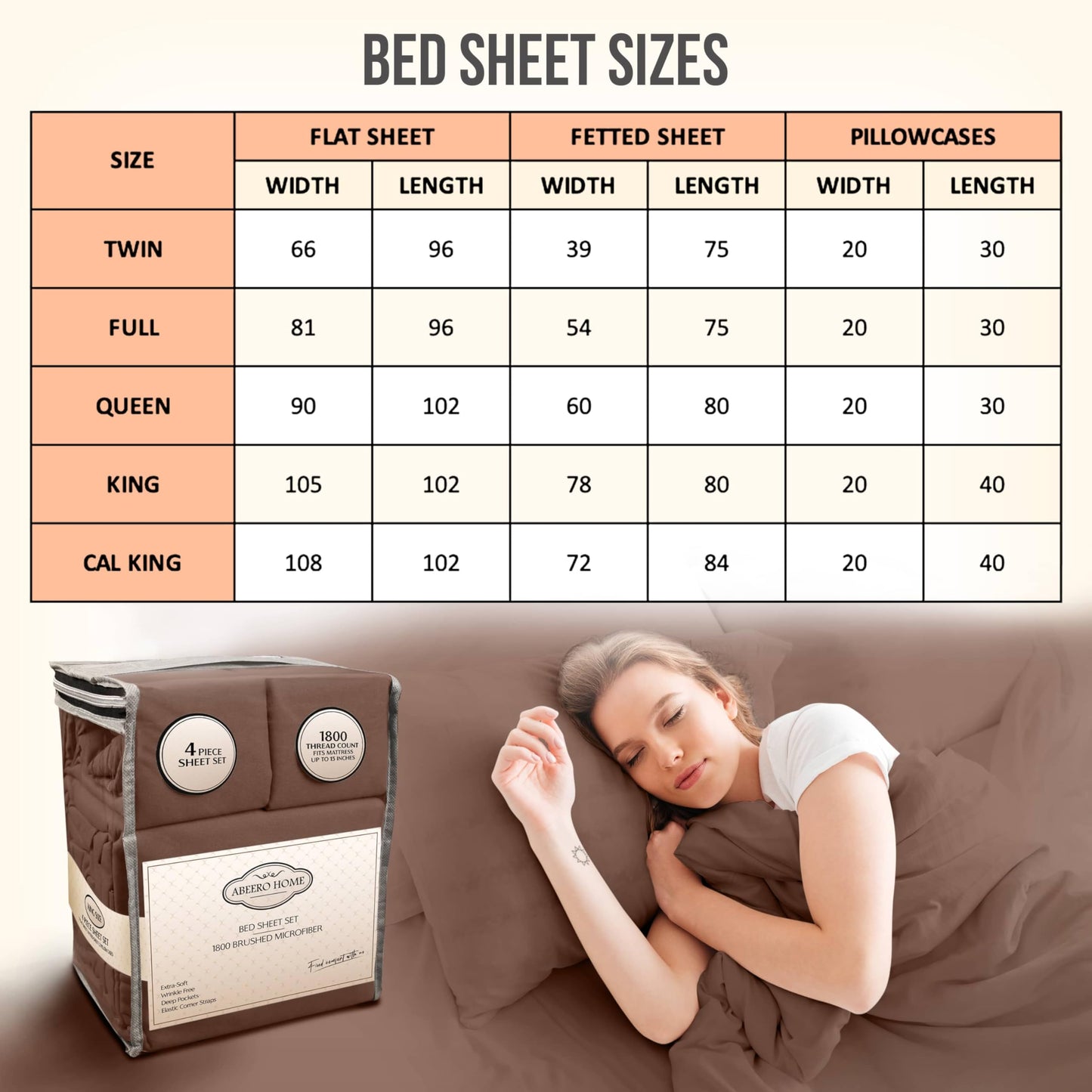 Abeero Home Full Size Bed Sheets Cooling - Luxury Hotel Sheet Set - Soft Sheets with Elastic Corner Straps - Deep Pocket Microfiber Bedsheets - Bedding Sheet & Pillowcases - 4 PC (Full Size, Brown)