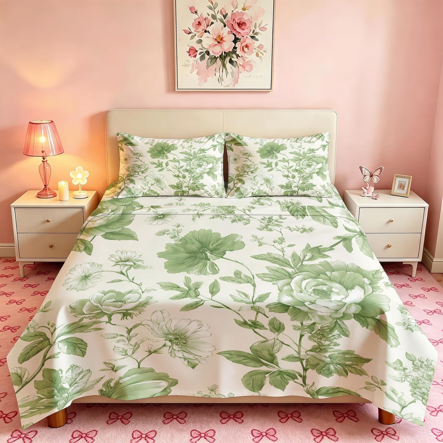 Green Floral California King Bedding Set Farmhouse Botanical Sheet Sets