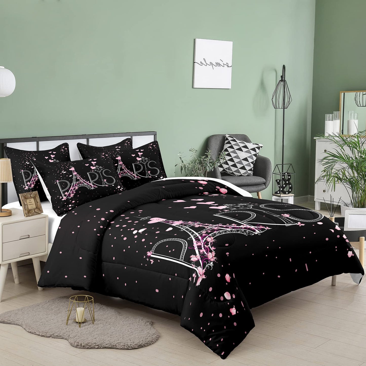 HAOHAY Eiffel Tower Comforter Set - Chic Paris Bedding Set with Romantic Theme - Black Pink Bedroom Decor - Modern French Style Comforter Set - Full Size with 2 Pillow Cases