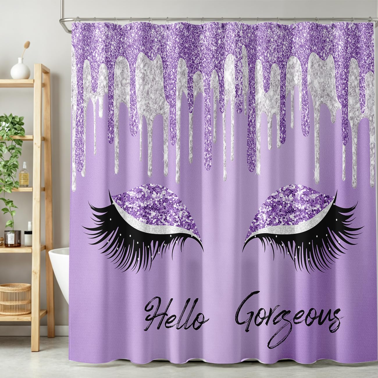 TYVGICZ Eyes Eyelash Shower Curtains Purple Silver Pretty Eyelash Hello Gorgeous (No Glitter No Sequin) Print Polyester Fabric Bath Curtains for Women Female Bathroom Decor,66x72 Inch Purple