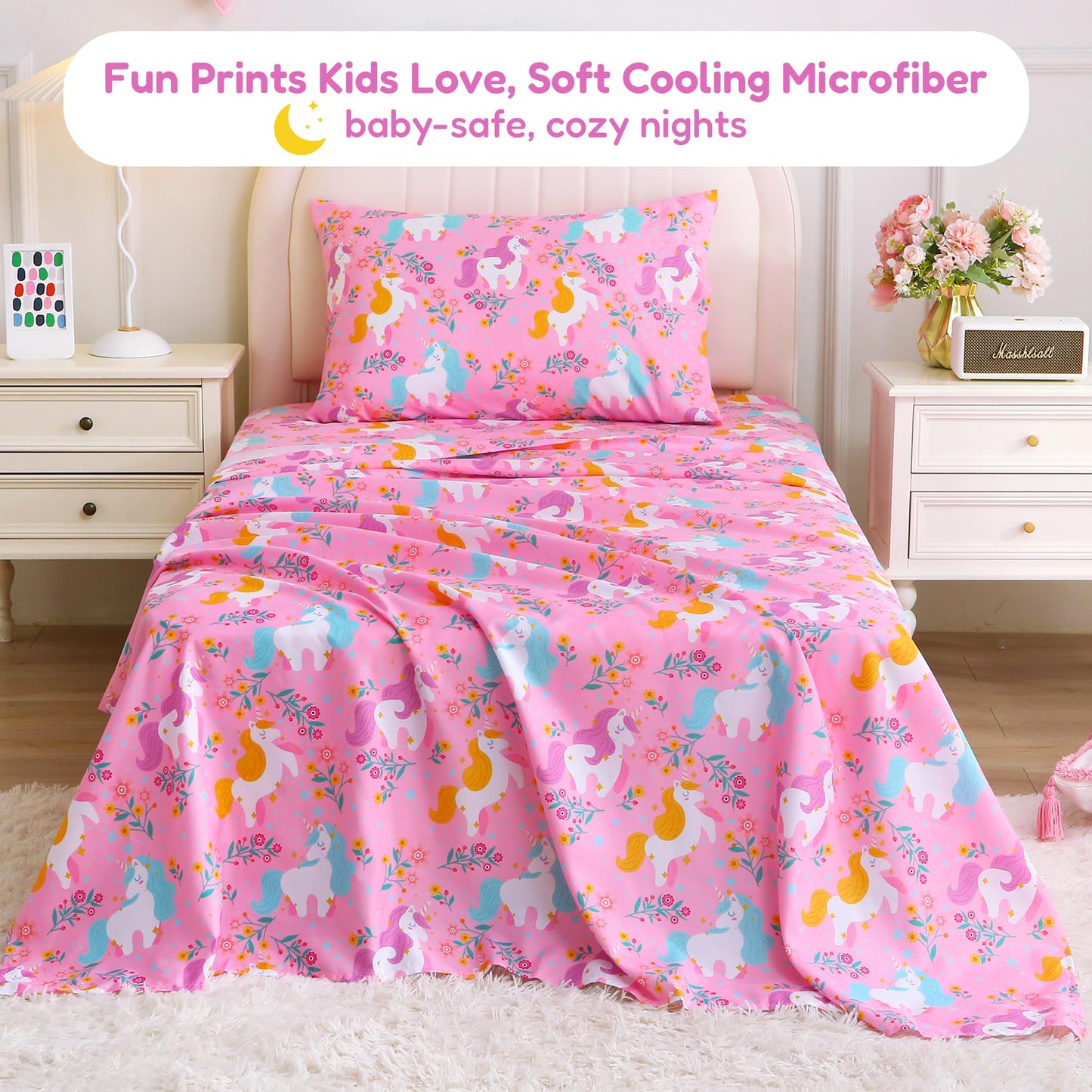 Softan Kids Twin Sheets Set, 3 Piece Unicorn Bedding Set for Girls, Soft Breathable Microfiber with 15" Deep Pocket, Fitted Flat Sheet & Pillowcase