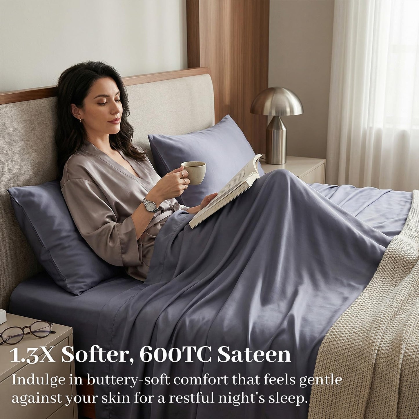 YIYEA 100% Viscose Derived from Bamboo Sheets, 600 Thread Count Cooling Bed Sheet Set for Hot Sleepers, Silky Soft, Breathable, 16" Deep Pocket, 4PC, King, Dark Gray
