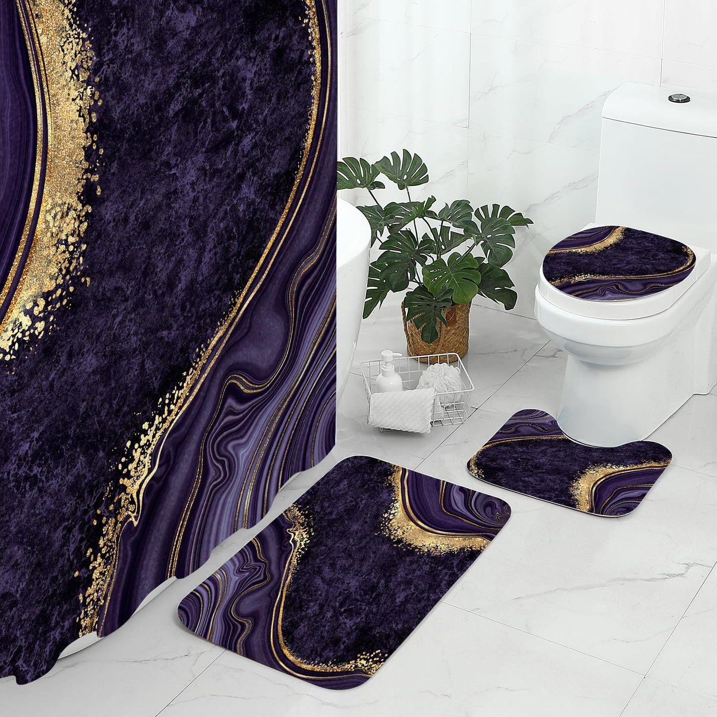 Gibelle 4 Pcs Luxury Marble Shower Curtain Set with Non-Slip Rugs, Toilet Lid Cover and Bath Mat, Gold Foil Purple Bathroom Decor Set with Shower Curtain and Rugs and Accessories