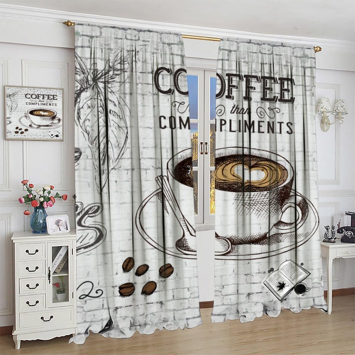 Coffee Kitchen Curtains Vintage Hand Drawn Coffee Themed Curtains Rod Pocket Window Treatment for Bedroom Living Room 2 Panels 41"x 45"(No Blackout)
