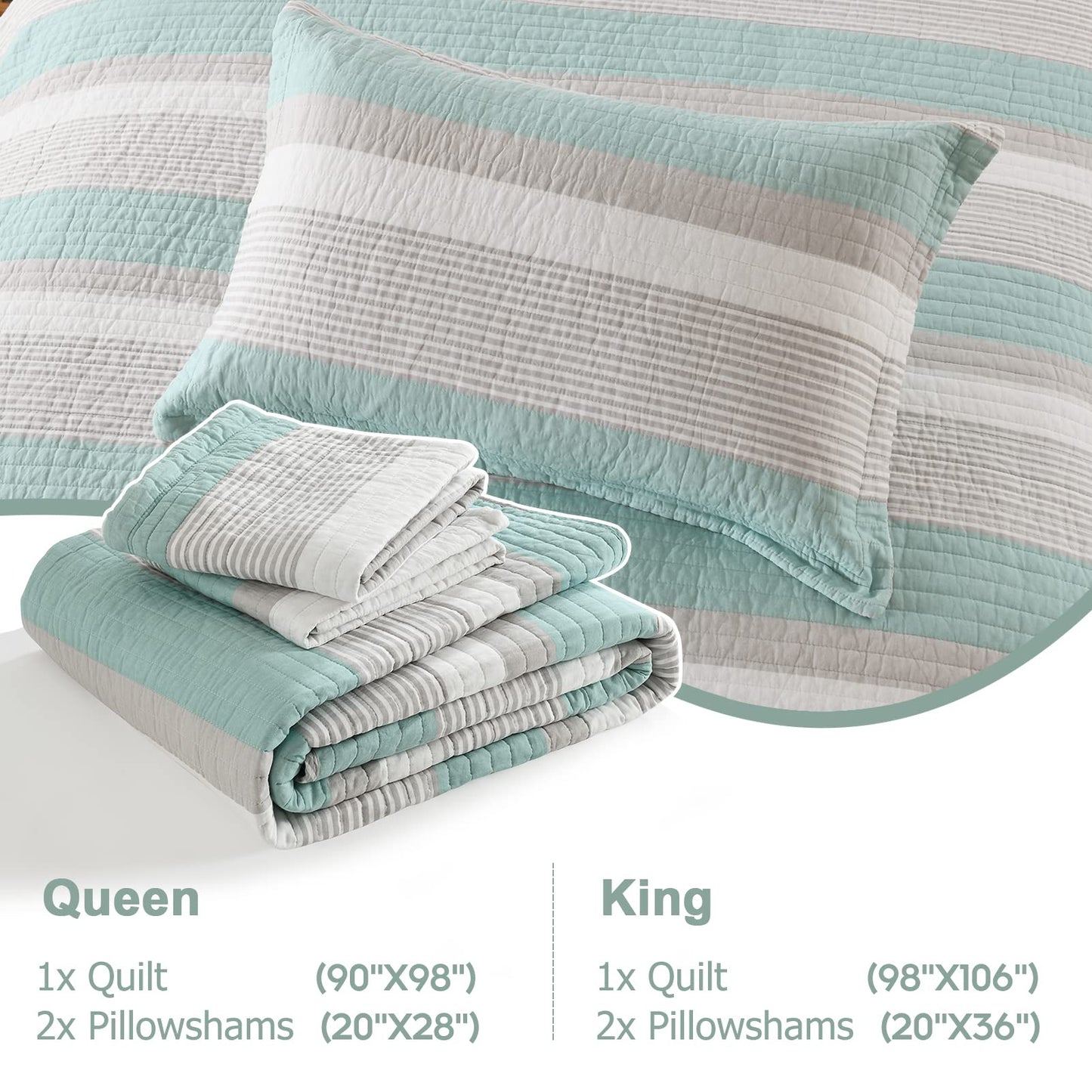 Finlonte King Quilt Striped Bedspread, 100% Cotton King Size Quilt, LightBlue Gray King Quilt Sets, Lightweight Soft King Bed Quilt for All Season