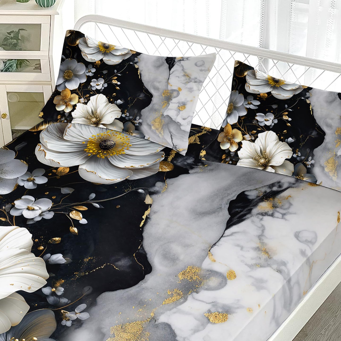 AILONEN Floral Fitted Sheet Set Queen Size, Blossom Marble Pattern Bedding Set for Kids Teens Adults,Black and White Bed Sheet Set,1 Fitted Sheet and 2 Pillowcases,3Pcs
