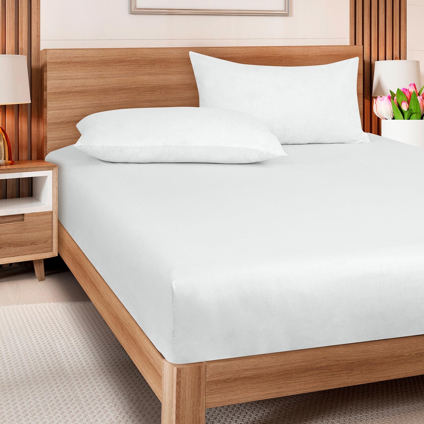 ROYALE LINENS 300 Thread Count 100% Long Staple Combed Cotton Fitted Sheet Queen - Super Soft Deep Pocket Bottom Sheet - Fitted Sheets Only - Elastic Sheets (Queen, White)