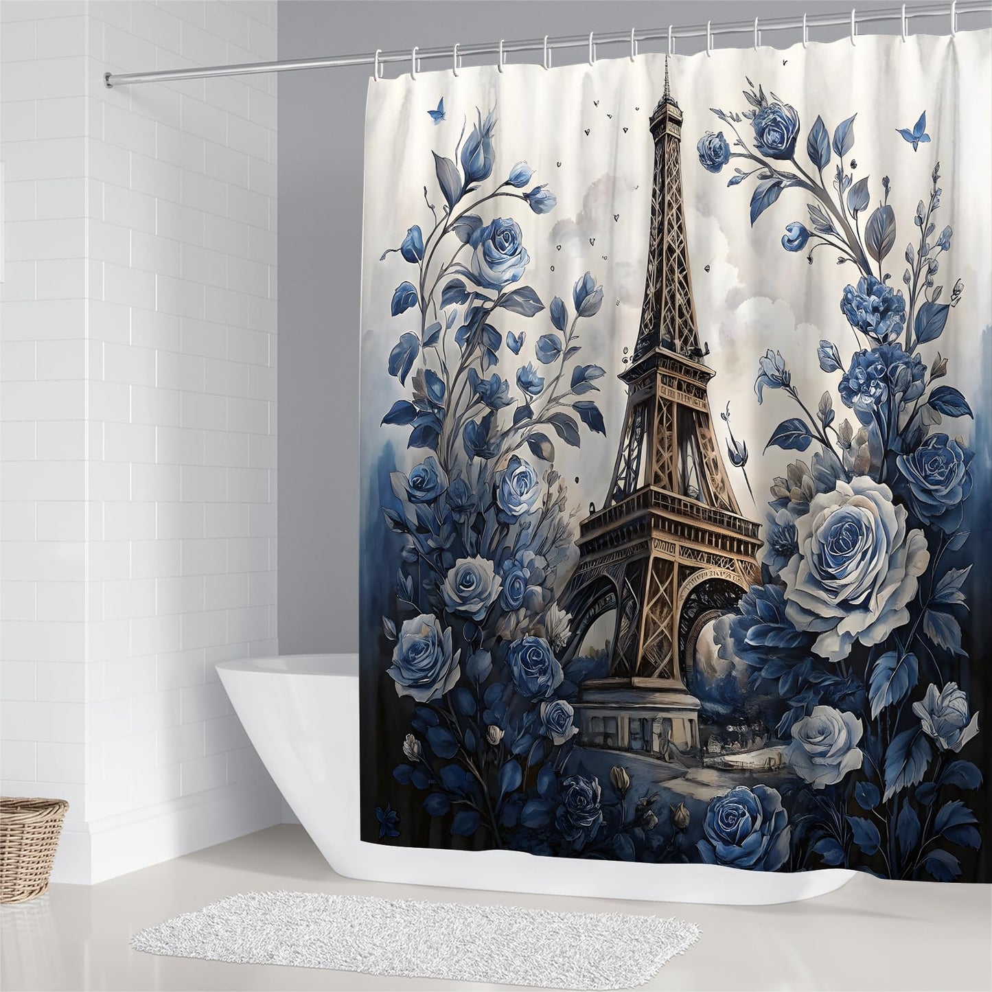 Chrainy 4Pcs Paris Eiffel Tower Shower Curtain Sets The Blue Rose Bathroom Set Decor with Non-Slip Rugs Bath U-Shaped Mat Toilet Lid Cover Waterproof Floal Bathroom Curtains Shower Set with 12 Hooks