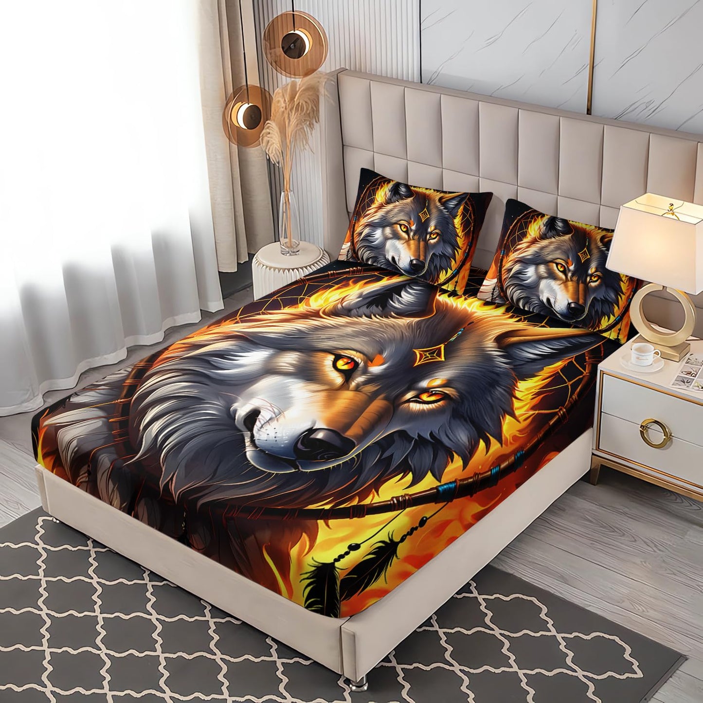 UEVBF Wolf Fitted Sheet Set Twin Size,Dreamcatcher Flame Printed Bedding Set for Kids Boys Room Decor,Boho Animal Themed Bedding Fitted Sheet Sets,1 Fitted Sheet+2 Pillowcases.