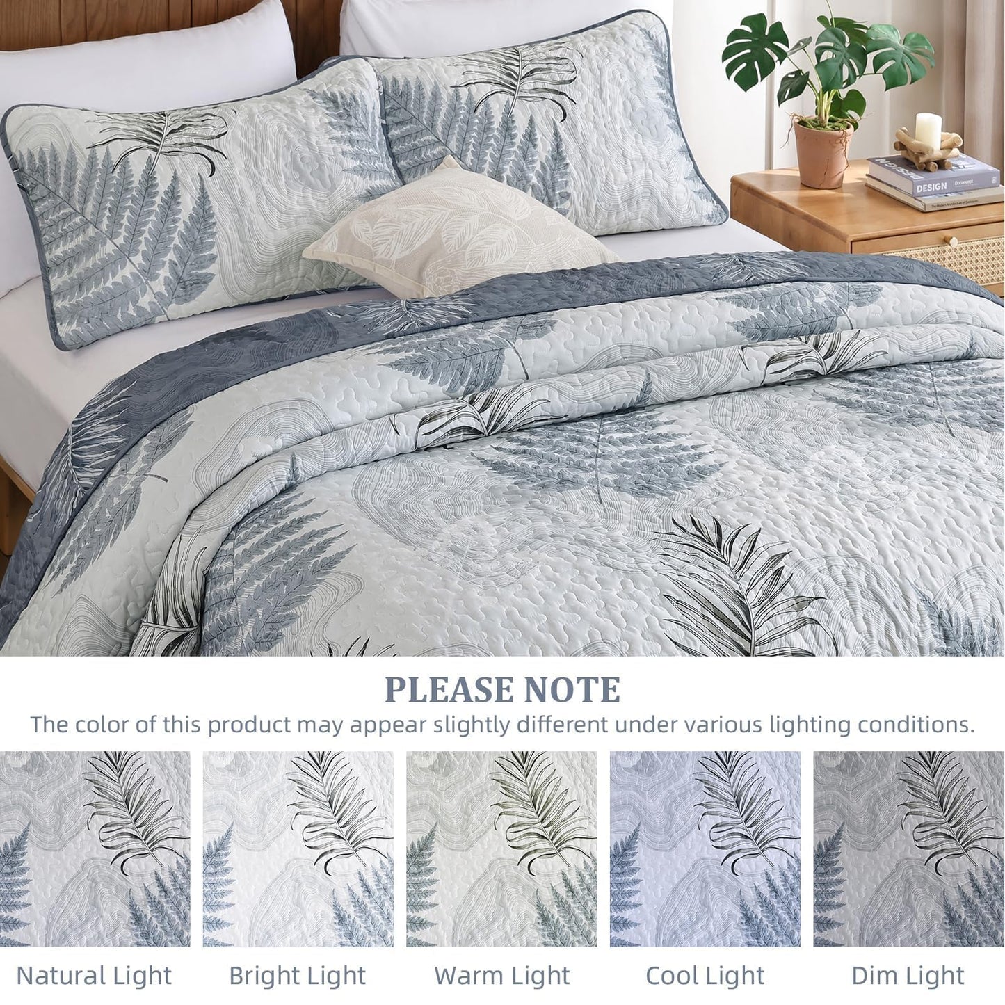 Dinjoy Blue Quilts Set Queen Size, Botanical Bedspread Bedding Set Floral Leaf Pattern Reversible Quilt Coverlet Set 3 Pieces, Summer Bedspread Bed Cover with 2 Pillow Shams for All Seasons