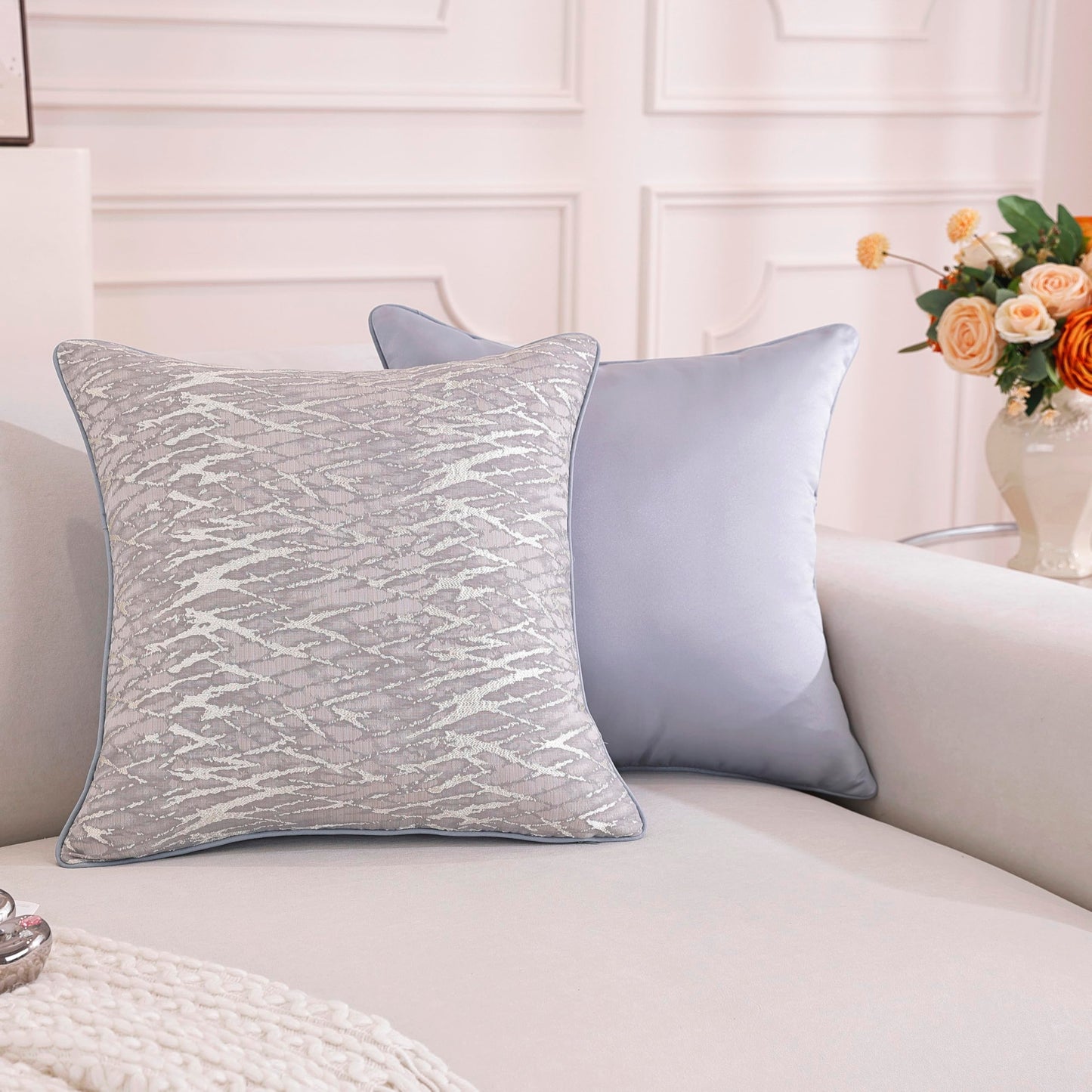 TAOSON Pack of 2, Luxury High Precision Jacquard Modern Grey/Gray and Gold Decorative Throw Pillow Covers Cushion Cases Square Pillowcase for Sofa Couch Bedroom Living Room Home,18x18 inch S037