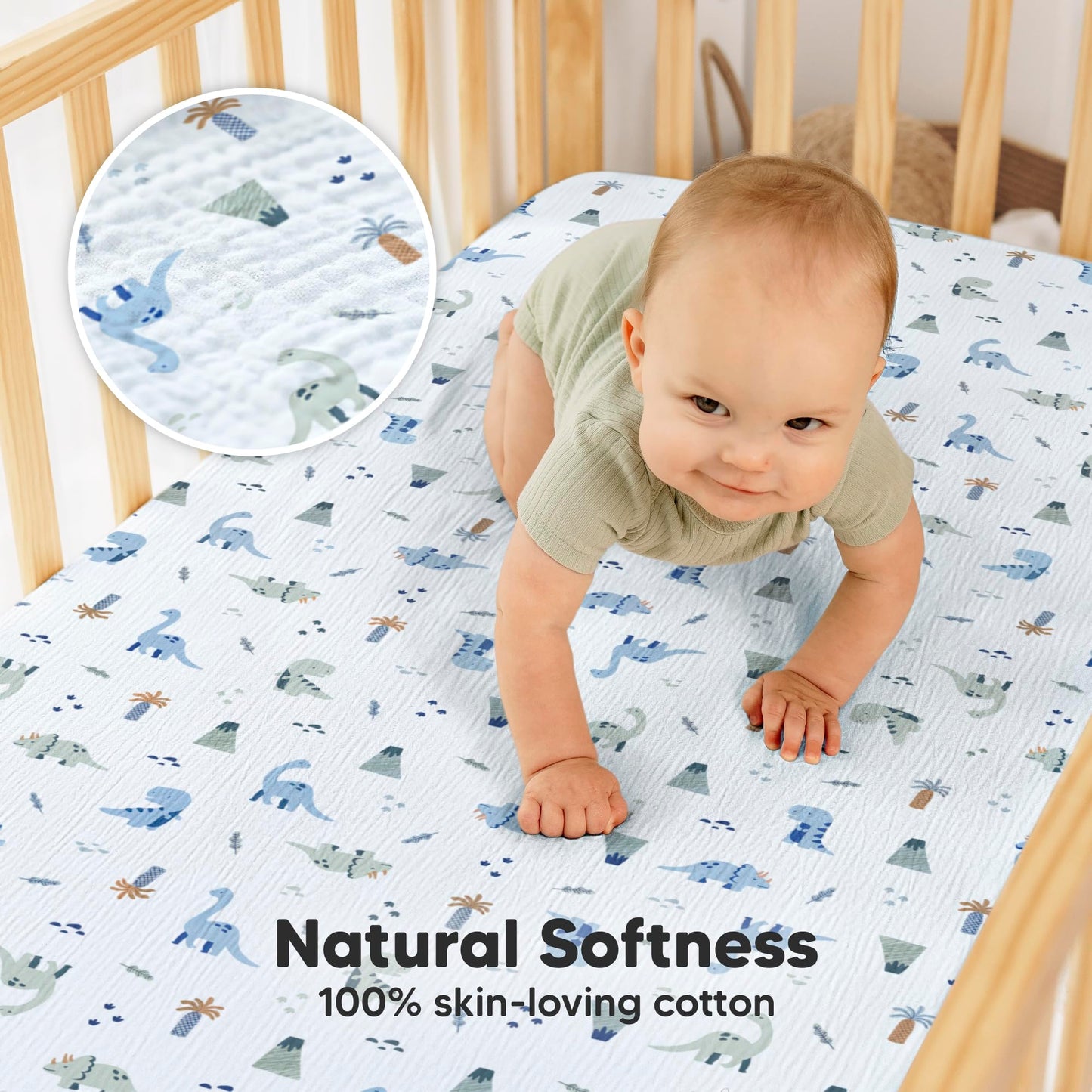 KeaBabies 2-Pack Muslin Crib Sheets for Boys, Girls - 100% Organic Cotton Fitted Baby Crib Mattress Sheet, Soft Breathable Standard Toddler Bed Cover Bedding Set, Neutral, Durable 52x28 (Dino Park)