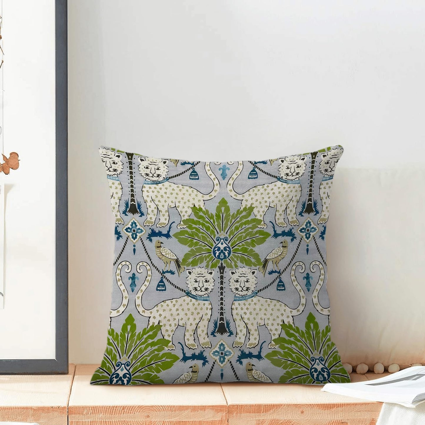 Sorktse Boho Pillow Covers 18x18 Inch Set of 2 Tropical Palm Tree Throw Pillows Blue Green Chinoiserie Asian Bird Animal Print Tiger Pillowcases Outdoor Decor Linen Cushion Covers for Sofa Cushion