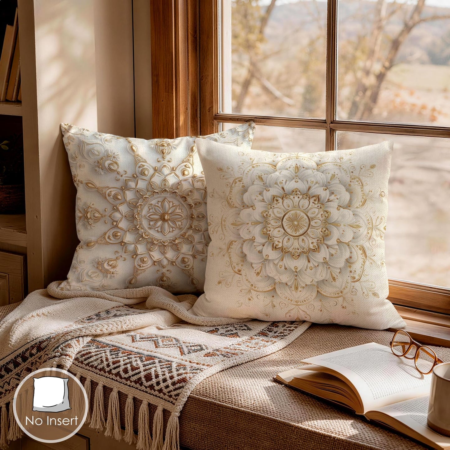 OBSEDE Golden Mandala Decorative Throw Pillow Covers 18x18 Inches Set of 4, Faux Linen Printed Cushion Covers for Couch Sofa Living Room Bedroom Home Decor