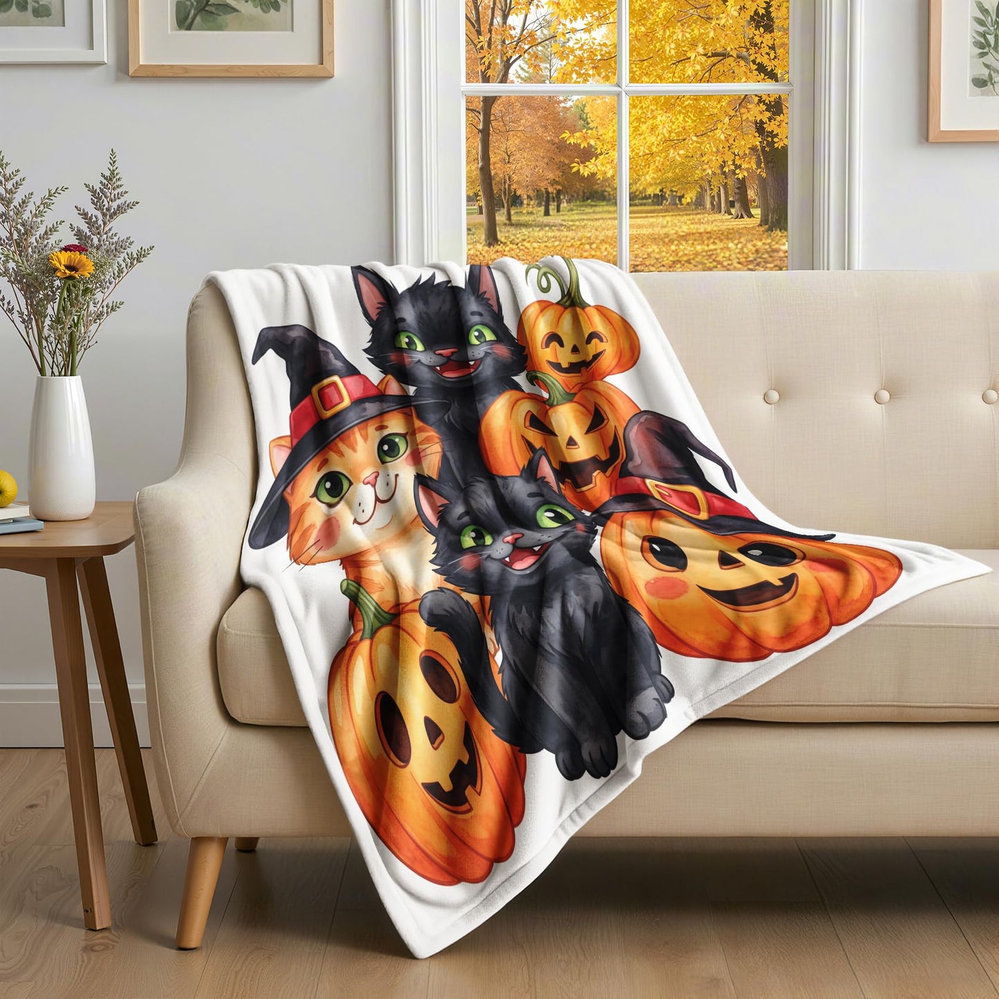 GEDAEUBA Halloween Blankets and Throws - Cute Black Cat and Pumpkin Fleece Blanket Throw, Soft Cozy Blankets & Throws for Couch, Bed, and Sofa, 50x60 inches