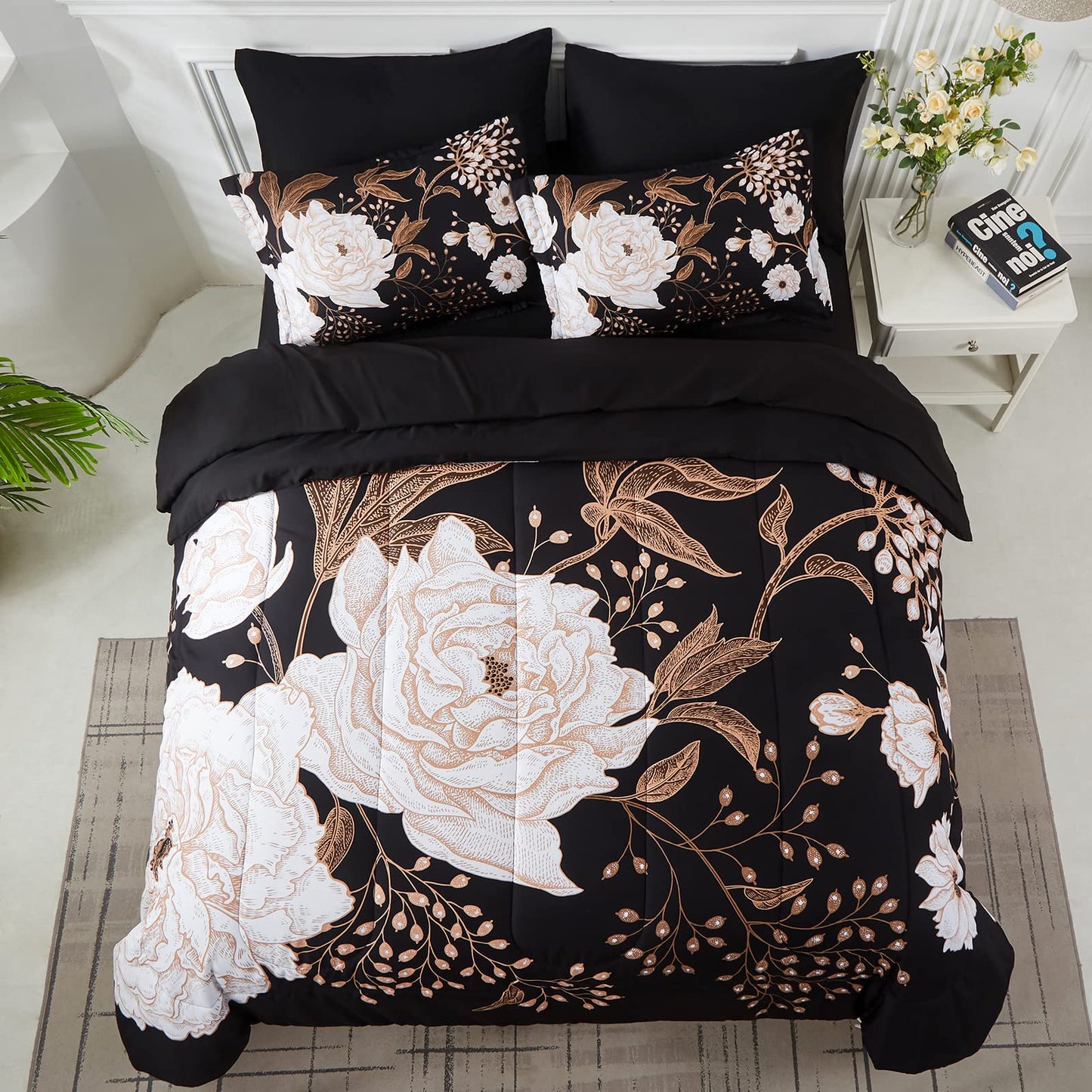 Yogeneg 7 Piece Bed in a Bag Queen Comforter Set Botanical Floral Bedding Set,White Flowers Leaves Printed on Black Reversible Design,Soft Microfiber Comforter with Sheet Set,All Season