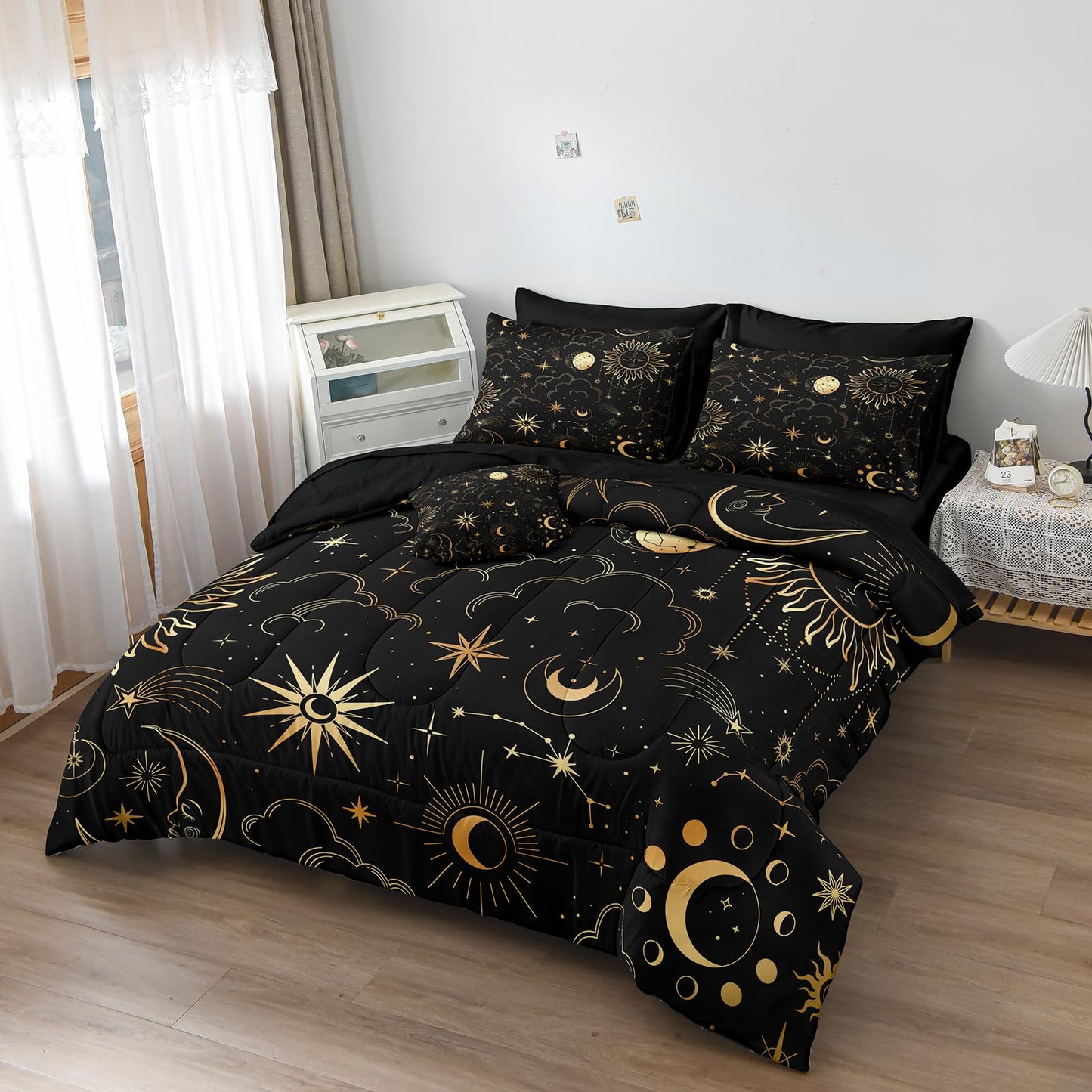 Bedding_Dreamer Black and Gold Queen Bed in a Bag Sun and Moon Bedding Set Mysterious Space Home Decor Galaxy Down Comforter Black Sheet Sets 8 Pcs Soft Microfiber for Kids Adults