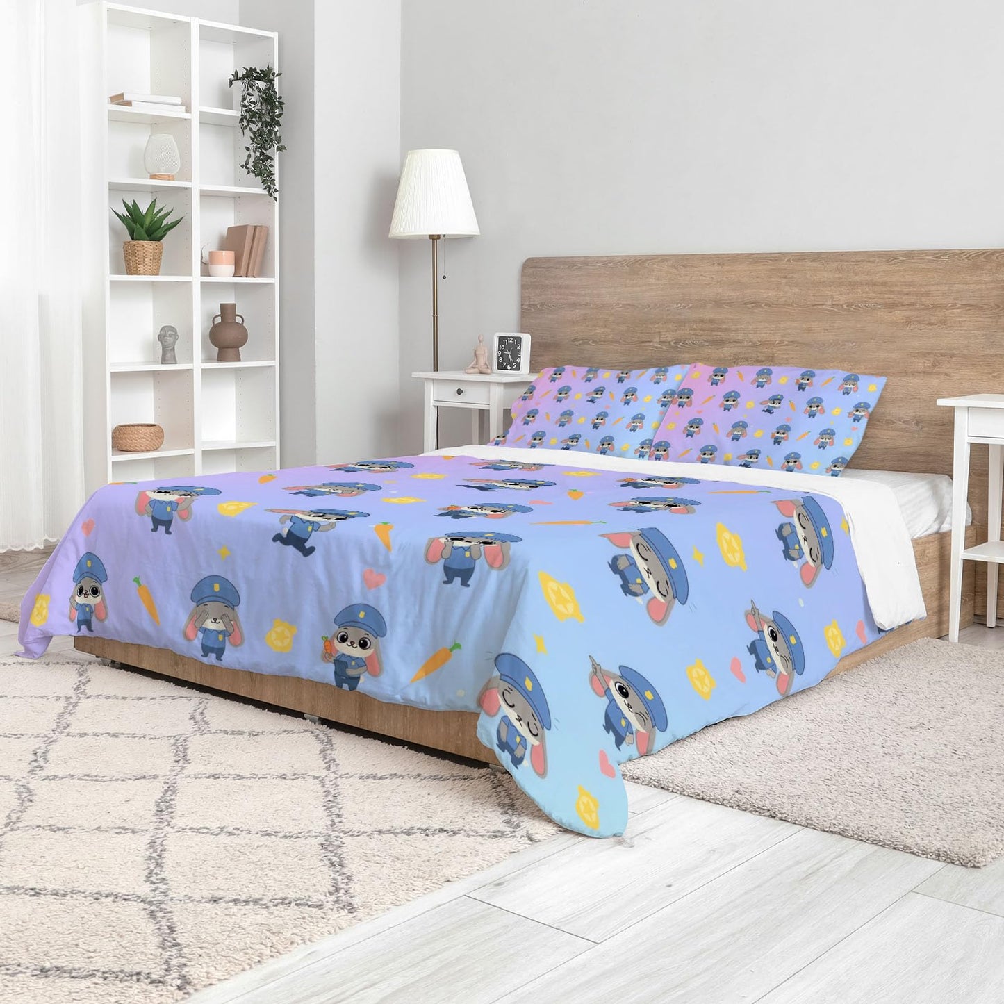 Allenjoy Cute Rabbit Carrot Police Animal World Comforter Set with 1 Pillowcase for Kids Boys Girls Teens Fans Bedroom Nursery Bedding Room Decor, Machine Washable, Twin Size