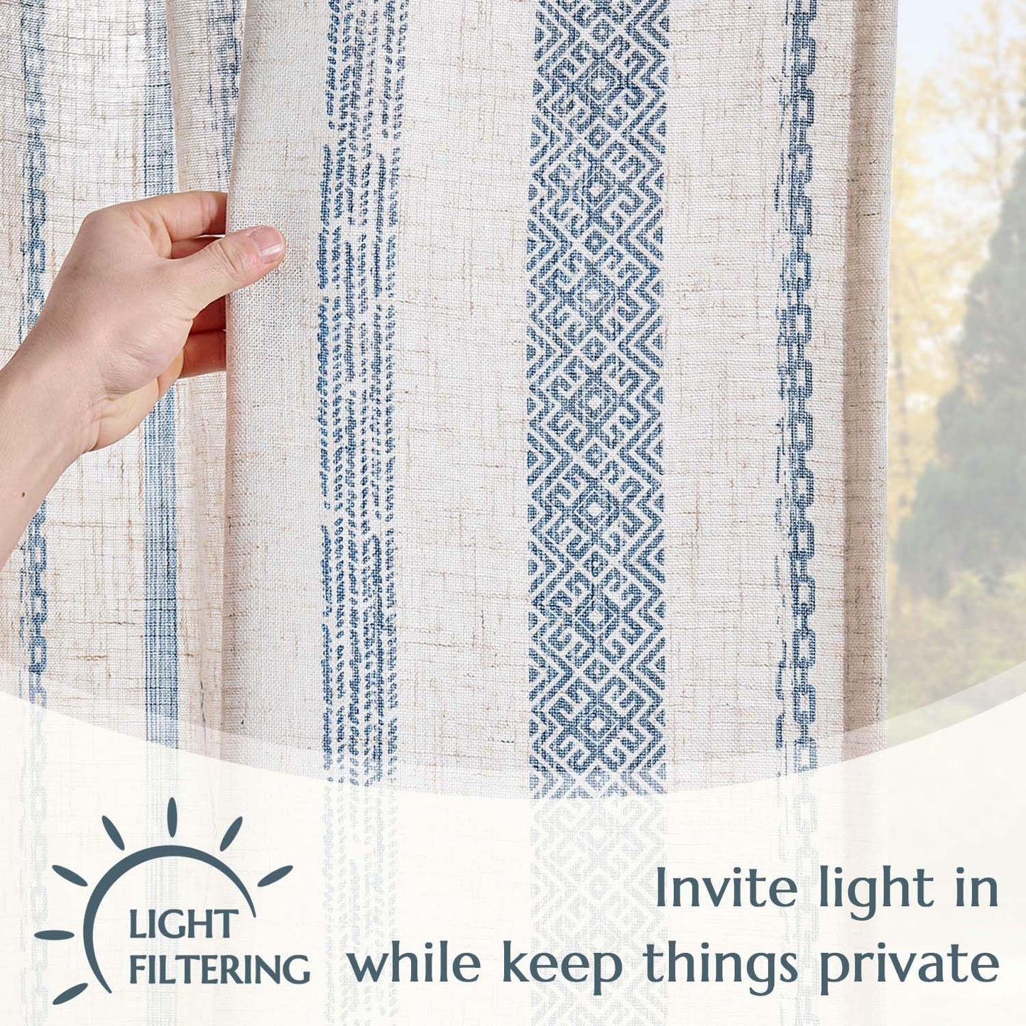 jinchan Linen Blend Boho Curtains for Living Room, 84 Inch Long Blue Printed on Beige Retro Farmhouse Bohemian Geometric Striped Drapes, Light Filtering Back Tab Curtains 2 Panels