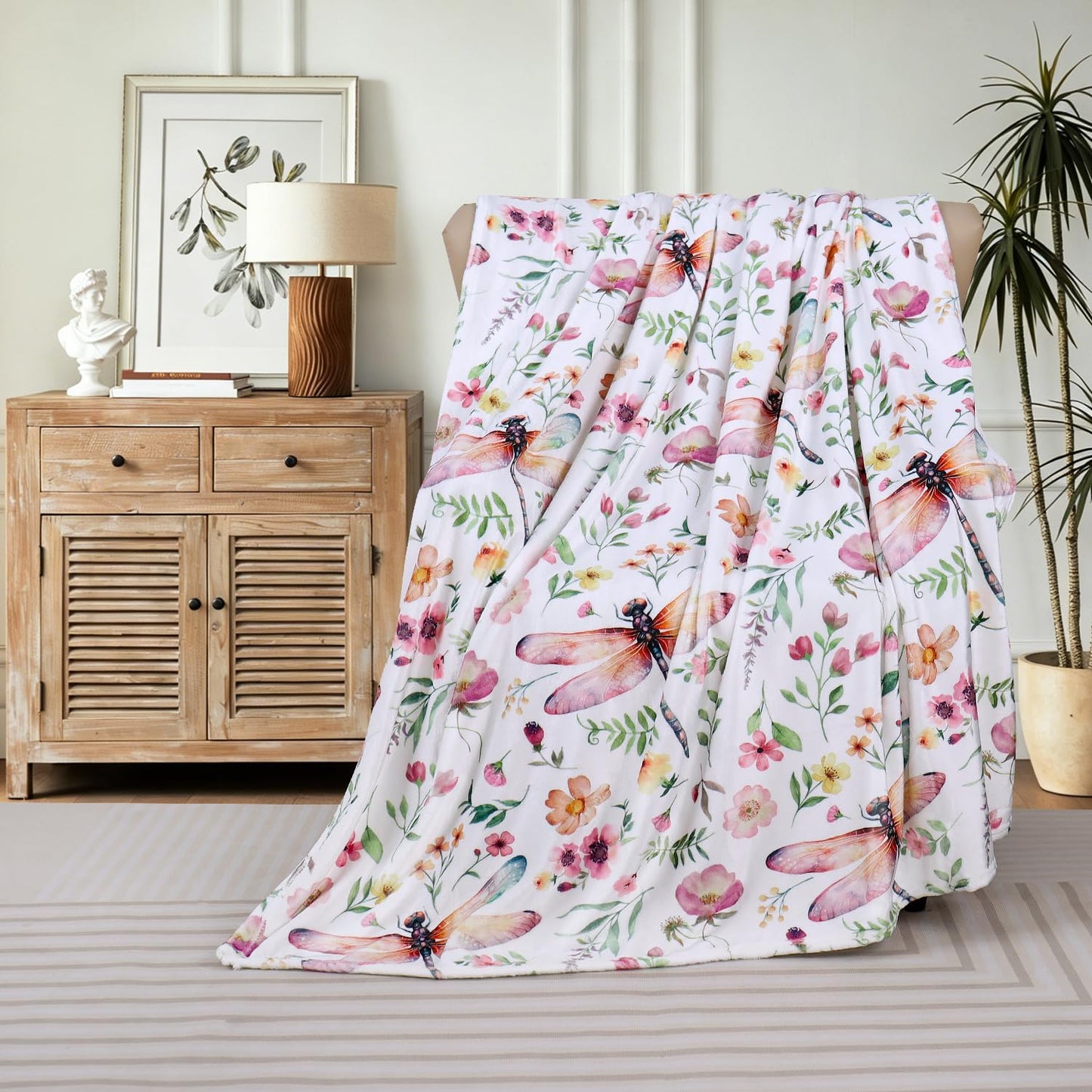 Floral Throw Blanket Flower Plant Bed Blankets Dragonfly Print Blanket Warm Cozy Blankets Super Soft Plush Flannel Fleece Blankets for Couch Bed Sofa 50"x60"