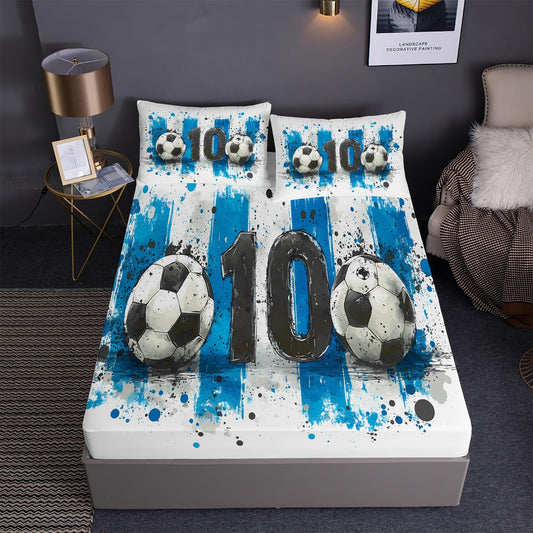 Soccer Ball Prints Fitted Sheet Set Hand-Drawn Sports Series Football Fans Bedding Set | with Fitted Sheet and 2 Pillowshams(3pcs) or Comforter(4pcs) (A,Twin-3PCS)