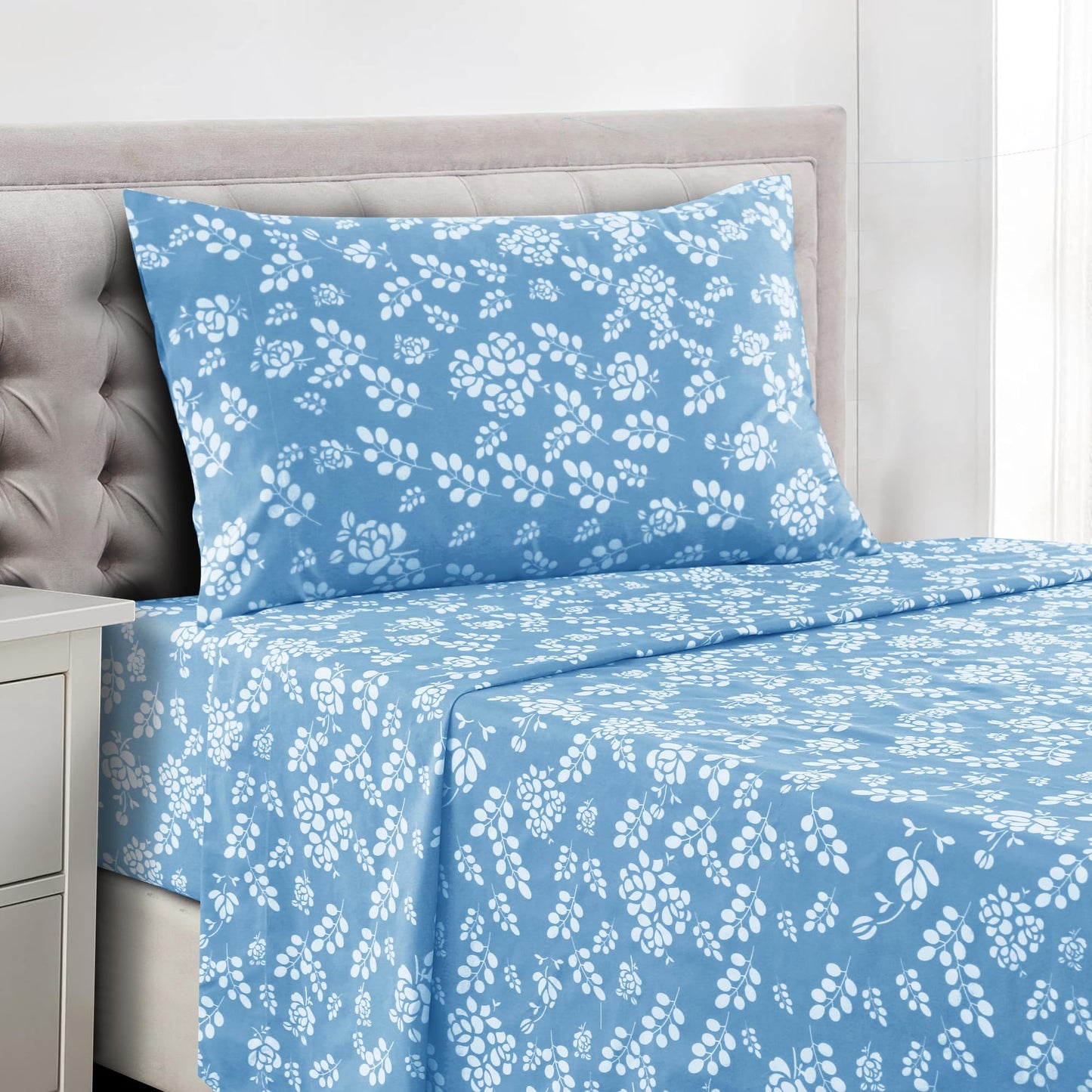 LUX Décor Floral Twin Sheet Set - 3 Piece Ultra-Soft Microfiber Bed Sheets with Flat Sheet, 16 Inches Deep Pocket Fitted Sheet & Pillowcases, Breathable, Bedroom Decor, Oeko-TEX - Blue