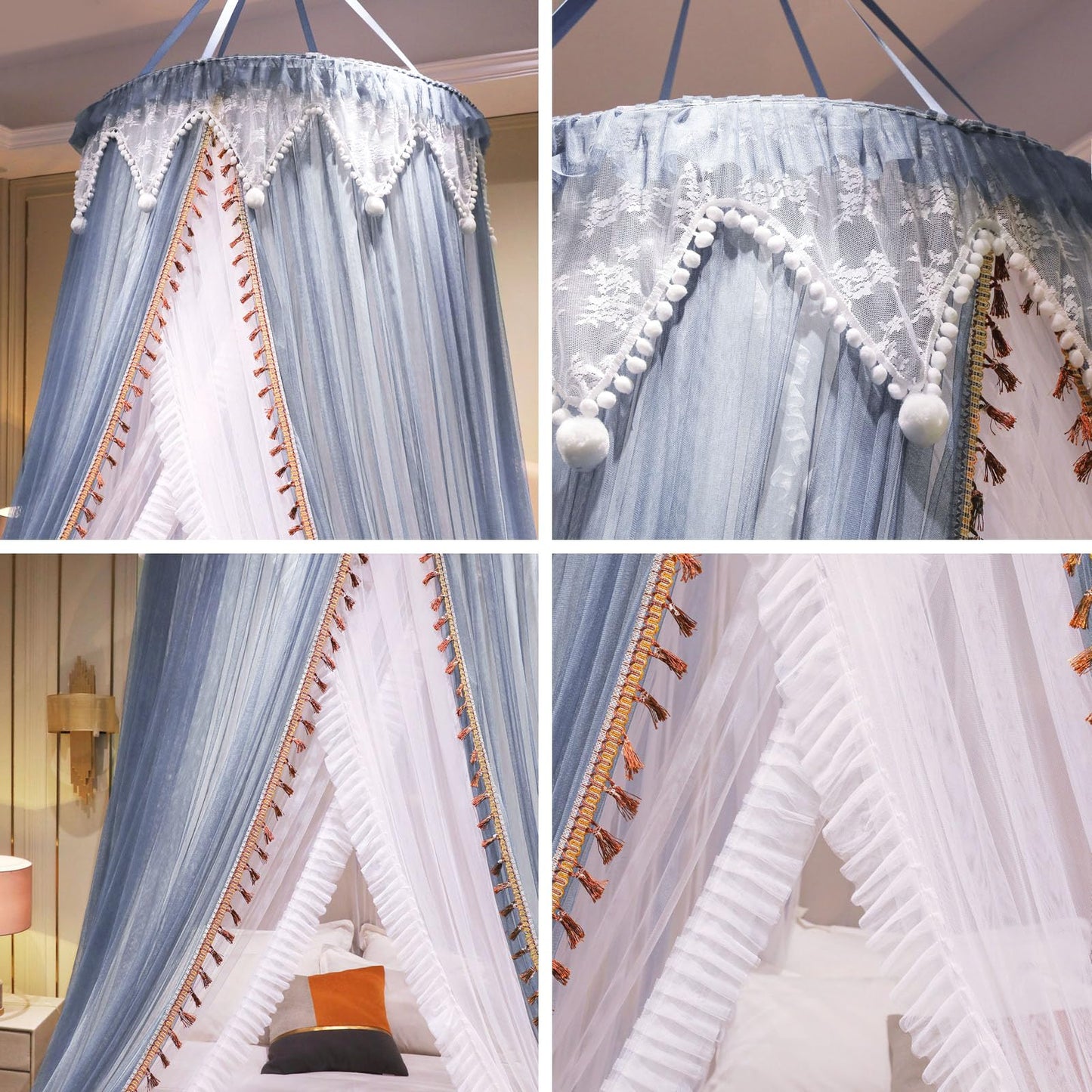 AIKASY Girls and Adults Canopy Bed, Elegant Double-Layer Bed Curtain, Children's Dream Round Lace Mosquito Net, Princess Canopy Net - Fits Twin, Full, Queen, and King Beds (White/Blue)