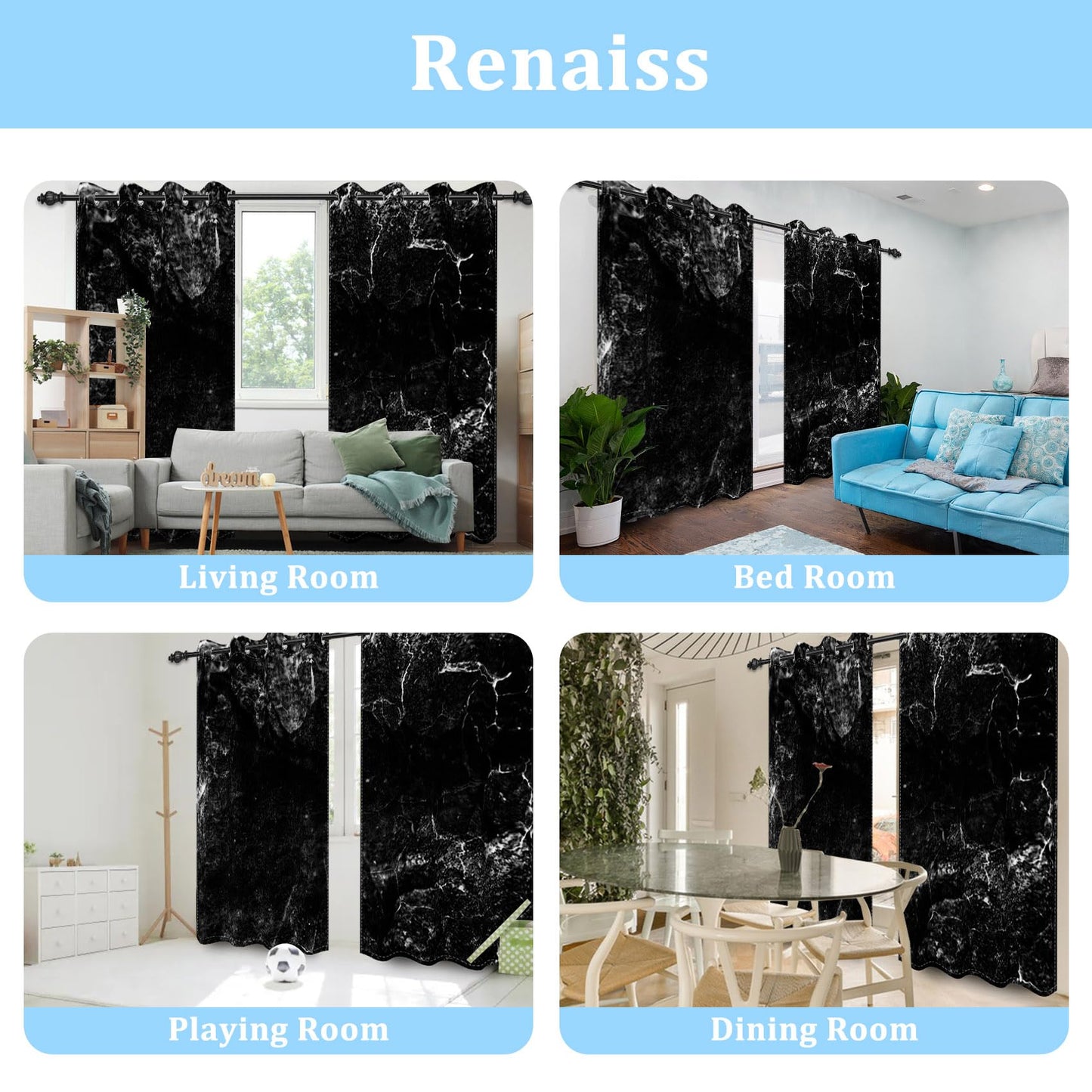 Renaiss Black Marble Blackout Curtains, Black and White Marble Texture Print Bedroom Window Curtains Luxury Modern Art Thermal Insulated Window Drapes for Living Room 53W x 84L Set of 2 Panels