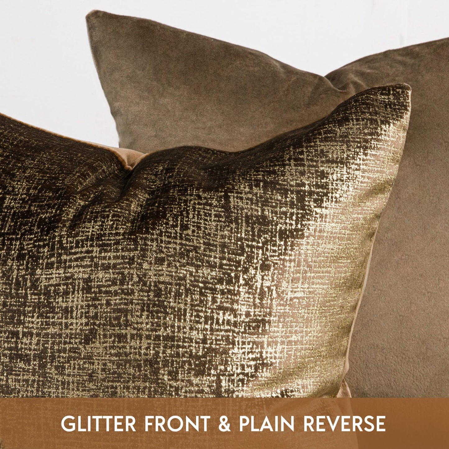 Phantoscope Pack of 2 Sparkling Velvet Geometric-pattern Throw Decorative Pillow Cover Soft Gold Glitter Square Cushion Cover Pillowcase for Couch Bed and Chair, Dark Brown, 18 x 18 inches, 45 x 45 cm