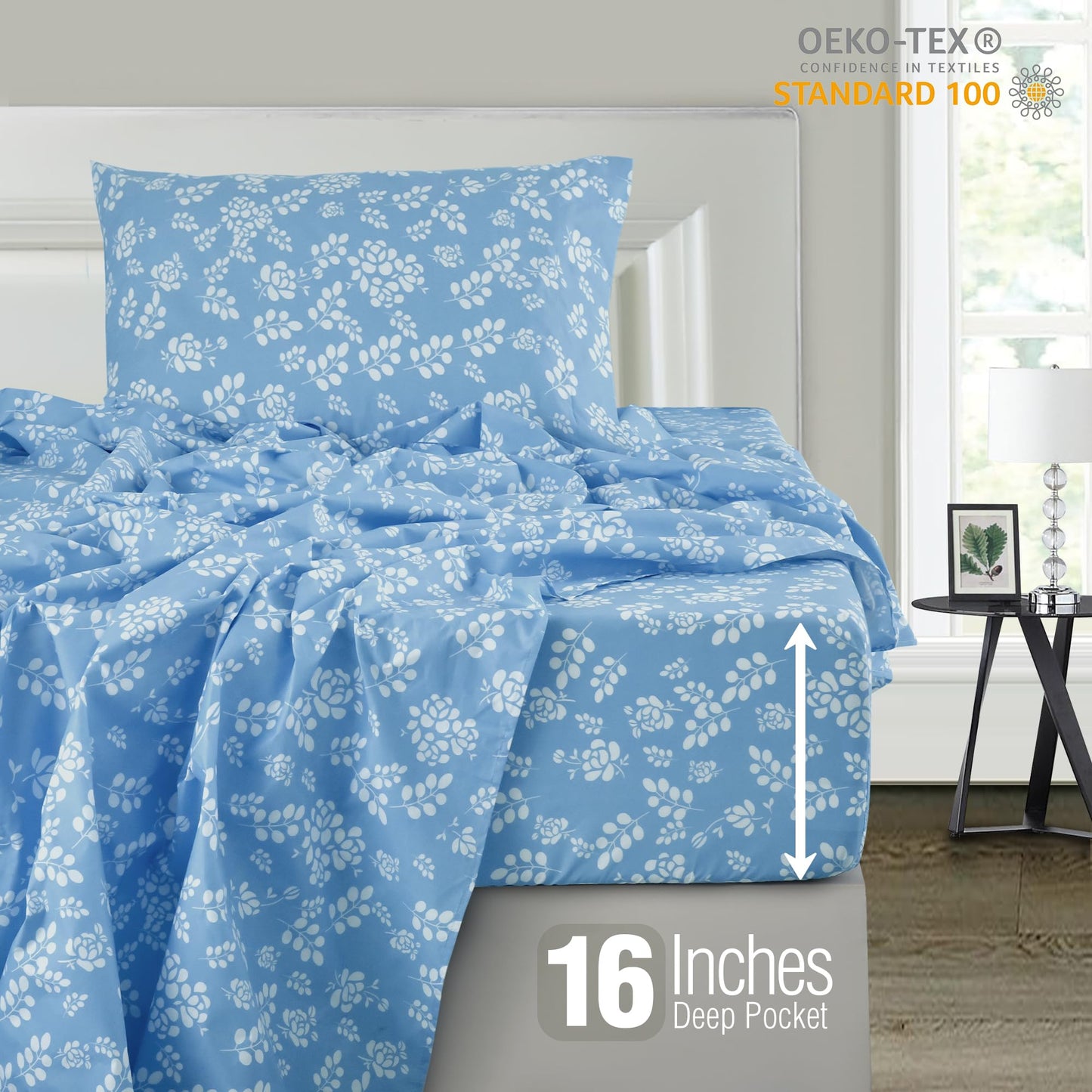 LUX Décor Floral Twin Sheet Set - 3 Piece Ultra-Soft Microfiber Bed Sheets with Flat Sheet, 16 Inches Deep Pocket Fitted Sheet & Pillowcases, Breathable, Bedroom Decor, Oeko-TEX - Blue