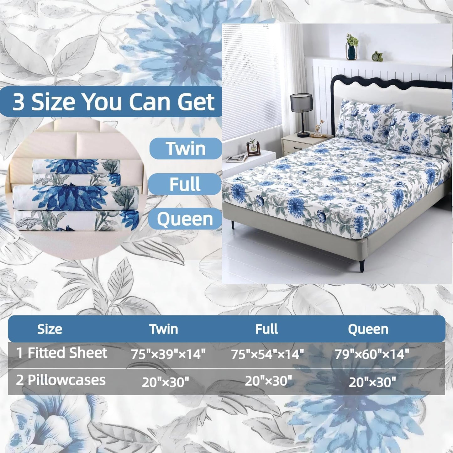 SDIII Blue Floral Full Fitted Sheet with 2 Pillowcases, Deep Pocket Soft Microfiber Full Size Bed Sheets Floral Blue All Season