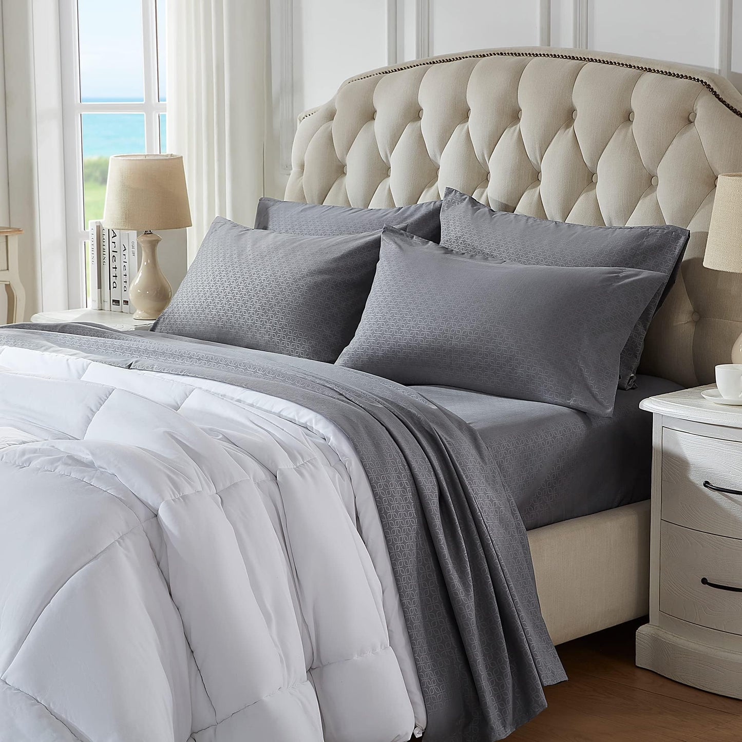 SLEEP ZONE Luxury Embossed Queen Sheets Set, Four-Leaf Clover Pattern Sheet & Pillowcase Sets 4 Piece - Super Soft, Wrinkle Free, Fade Resistant, Deep Pocket 16" (Gray, Queen)