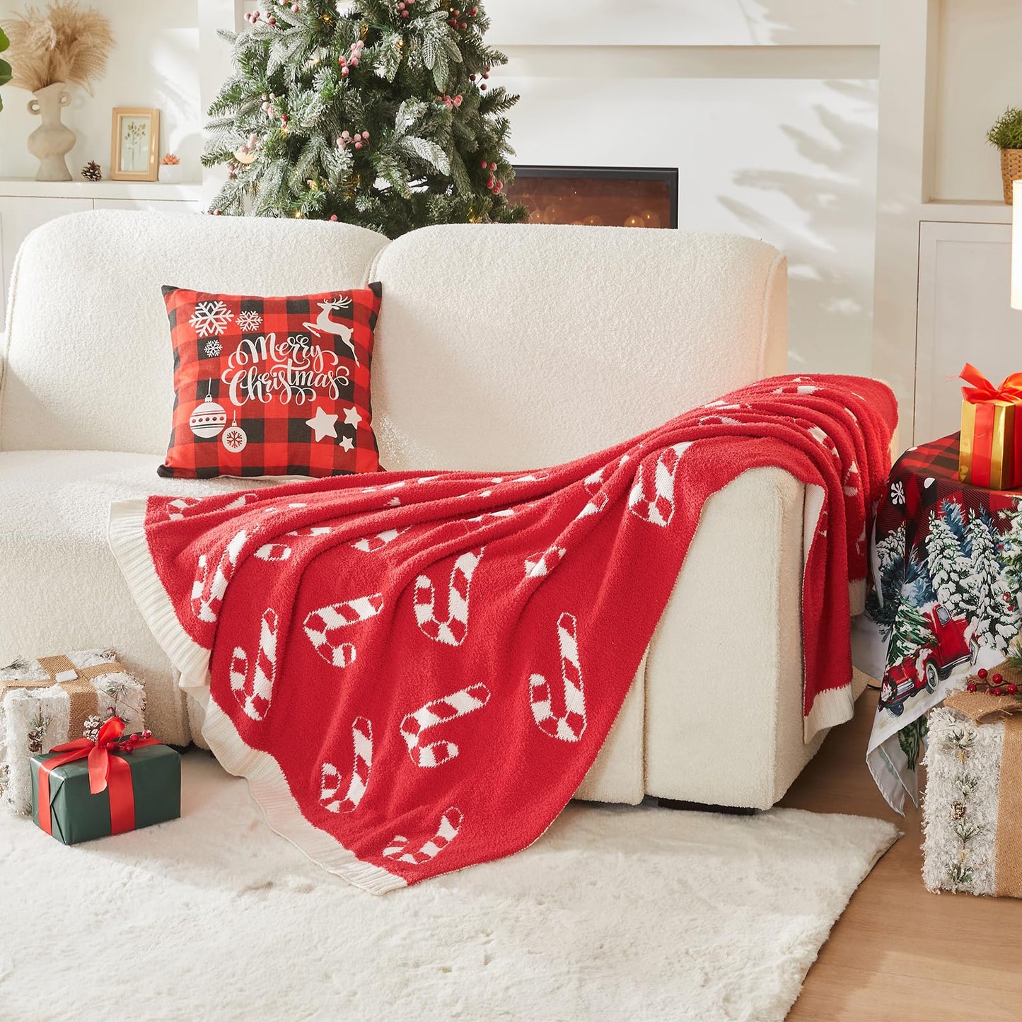 Douceur Christmas Candy Cane Throw Blanket, Ultra Soft Red Fluffy Festival Blanket, Reversible Cozy Decorative Blanket for Bed Couch Sofa, Super Soft Indoor Living Room Plush Throws, 60"X80"
