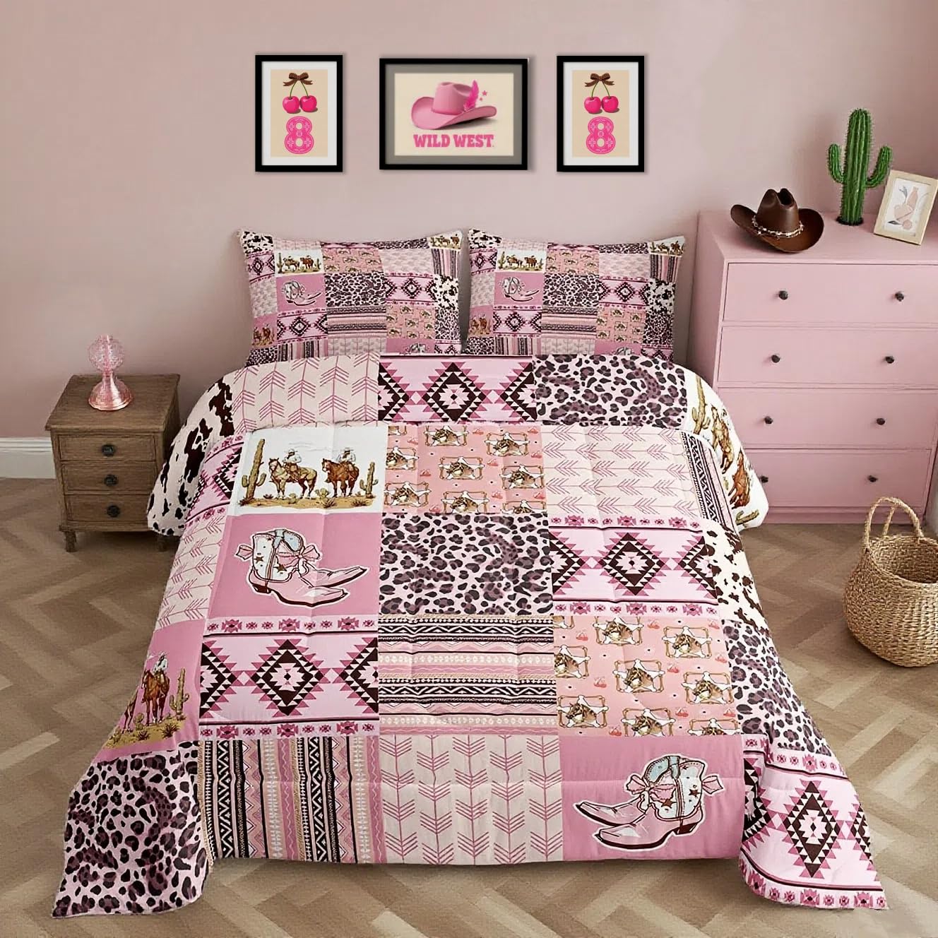 Feelyou Pink Aztec Bedding Set Full Size, Kids Western Decor Comforter Set Wild West Cowboy Cowgirl Comforter Boho Style Duvet Insert Bed Set 3Pcs