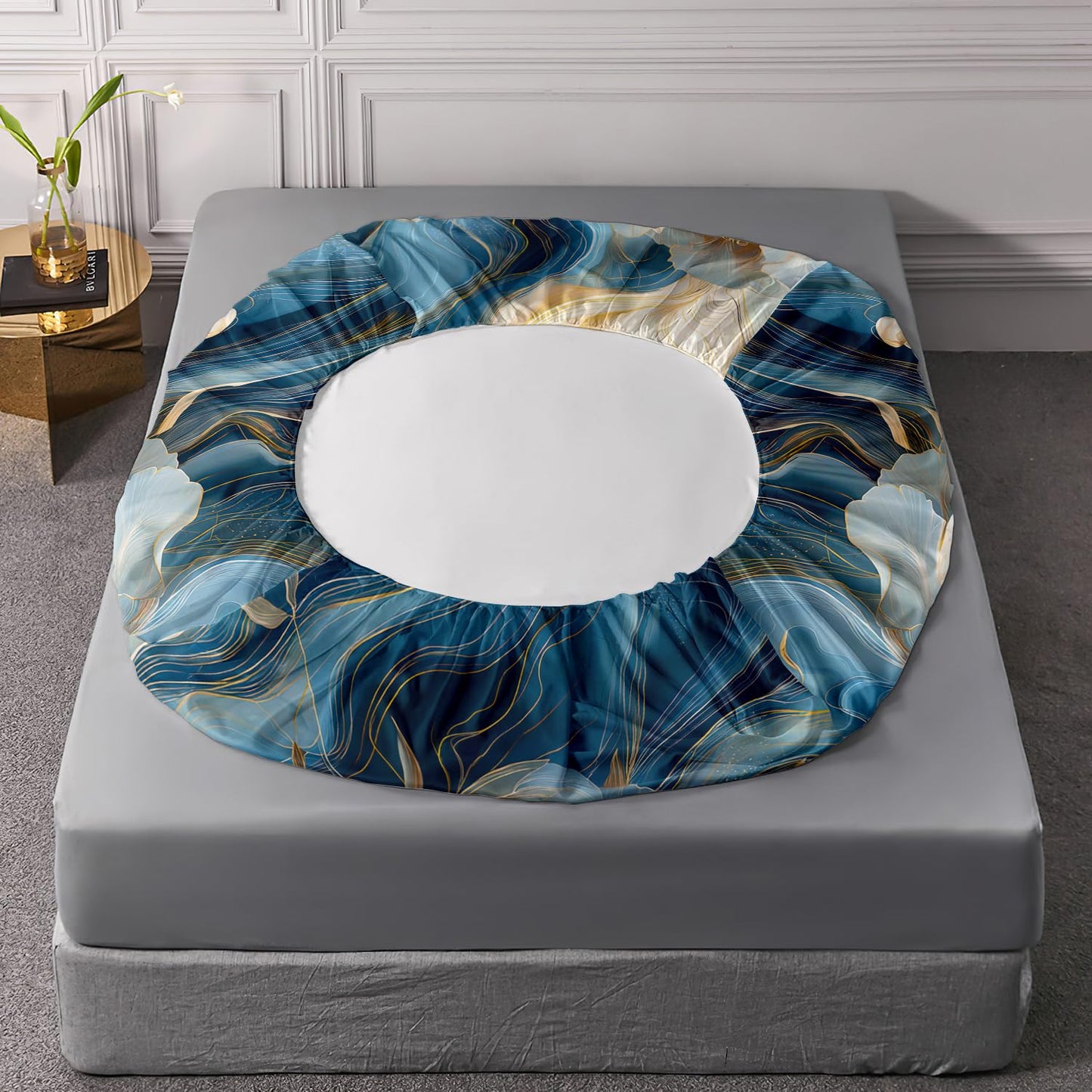 HOSIMA Floral Twin Bedding Sets for Women Girls Room Decor,Blue Golden Marble Grain Ink Fluid Art Fitted Sheet,White Flowers Pattern Lightweight Floral Bedding,1 Fitted Sheet+2 Pillowcases.