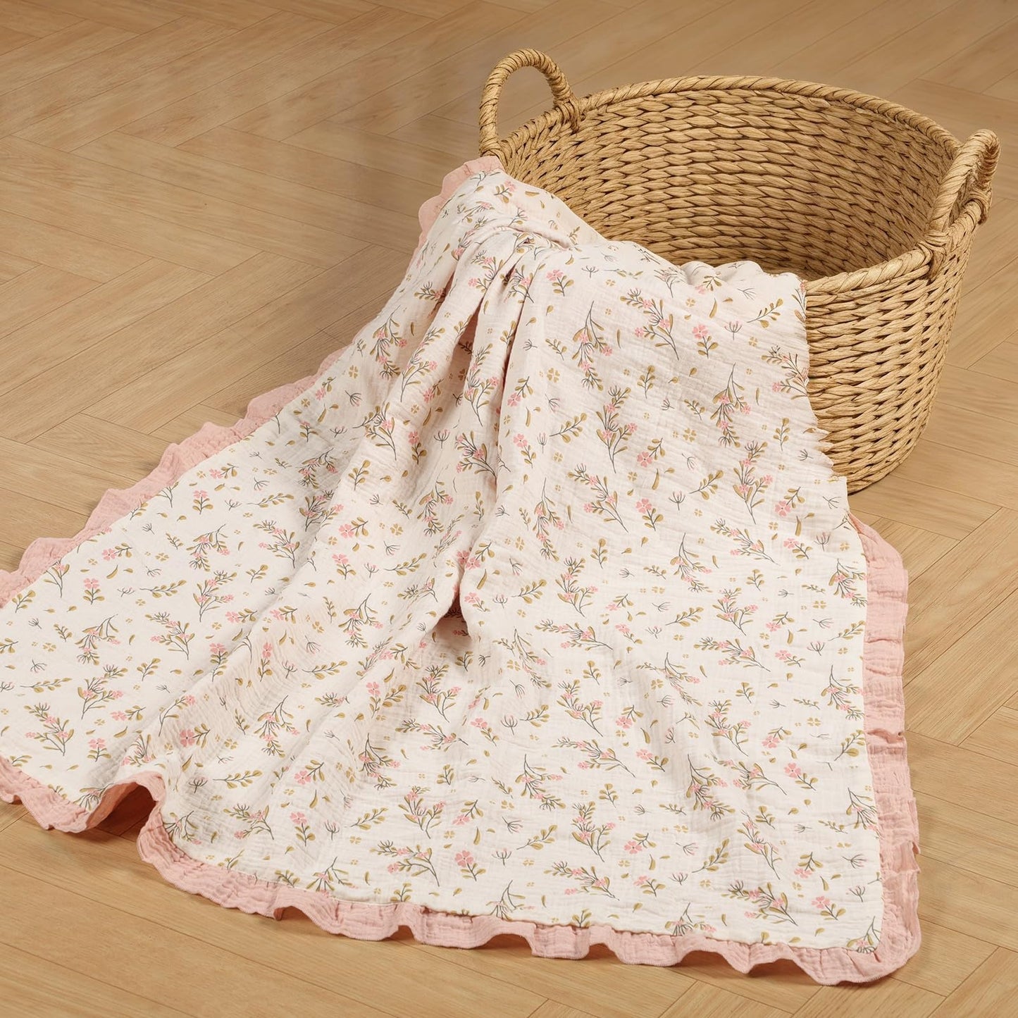 Organic Baby Blanket Flounce Edge Large 50"x43" Floral, 100% Muslin Cotton Super Soft Breathable Toddler Quilt Crib Blankets Gender Neutral for Baby Boys and Girls Bassinet, Bed, Stroller & Snuggling