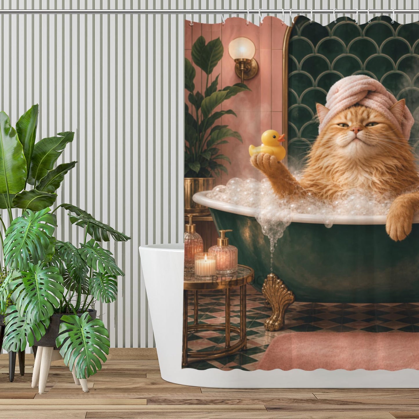 REZHOCH Funny Cat Shower Curtain 72x72 Inch Orange Kitty Bubble Bath Pink Green Luxury Bathroom Rubber Duck Cute Animal Decor Bath Set with Hooks