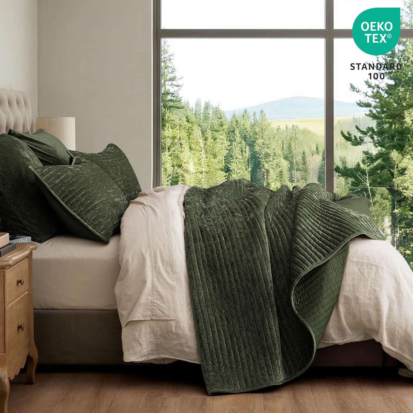 PHF Luxury Velvet Quilt Set Queen Size – 3PCS Ultra Soft Quilted Comforter Alternative with Striped Channel, Cozy Quilted Bedspread, 1 Coverlet with 2 Matching Shams, 90" x 92", Smokey Olive