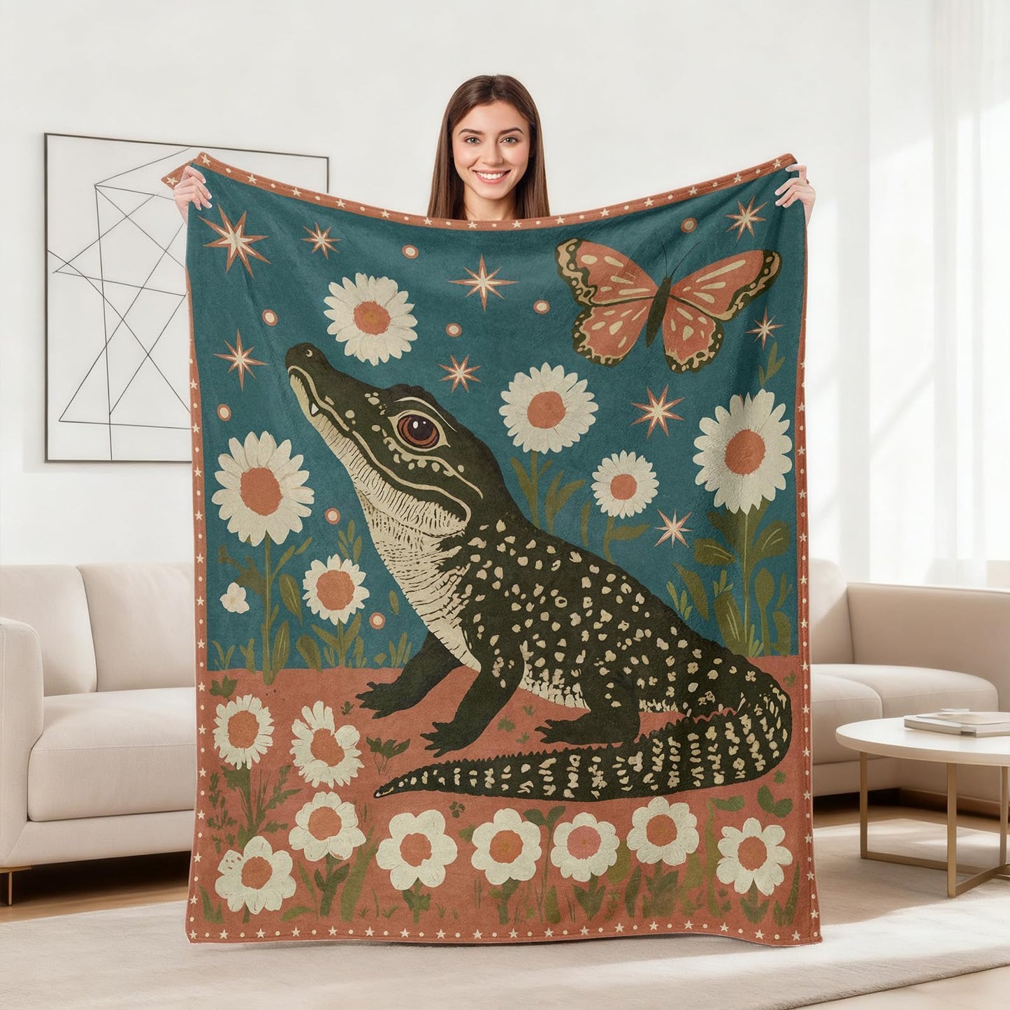 kampdream Retro Print Flannel Blanket Throw, Super Soft Cozy Nap Throws, Crocodile with Daisy and Butterfly Print Blanket for Sofa Travel and Camping, for All Seasons 50"x60" inch Red
