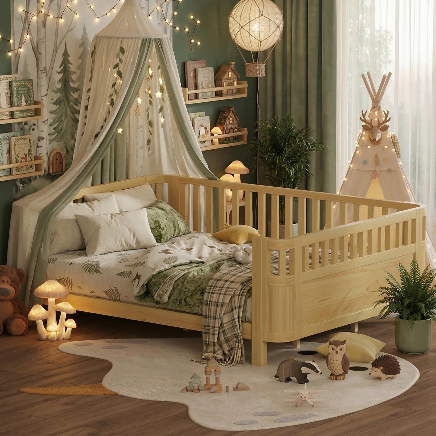 Duxelifin Queen Bed Frame for Kids with Rails, Low Profile Montessori Queen Bed with Detachable Side Rail, Solid Pine Wood Kids Daybed with Headboard, Footboard & Slat Support for Boys Girls, Natural
