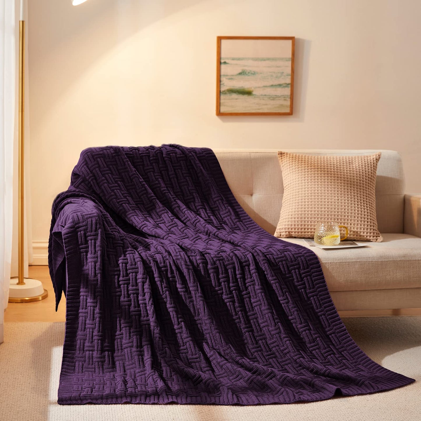Aormenzy 60x80 Cozy Acrylic Cable Knit Blanket for Couch, Sofa, Bed - Dark Purple