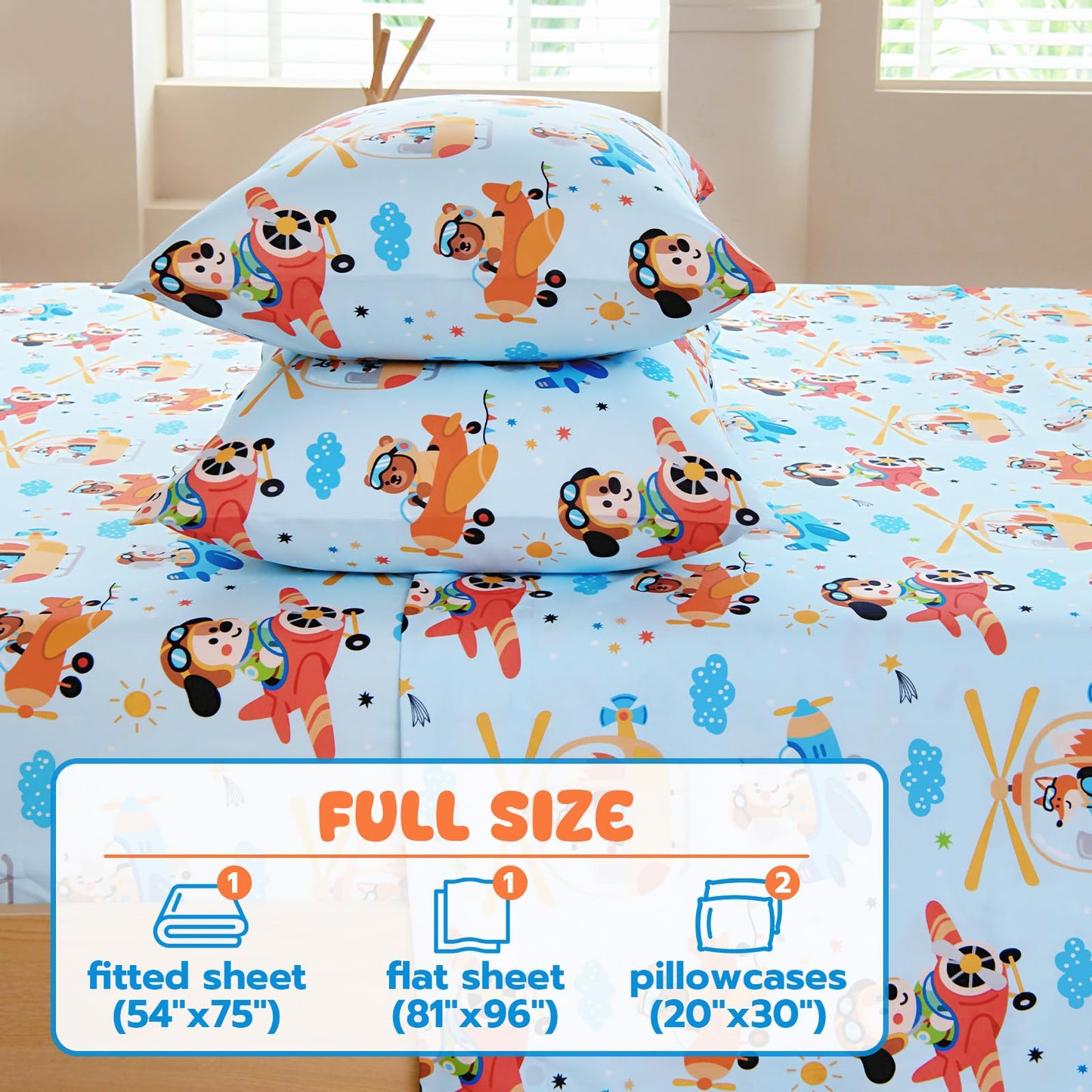Homilay Full Sheet Set Kids - Airplane 4 Pieces Soft Microfiber Cartoon Style Bedsheets for Boys Girls Teens, Oeko TEX Breathable 15 Inch Deep Pocket Sheets(Animal Captain)