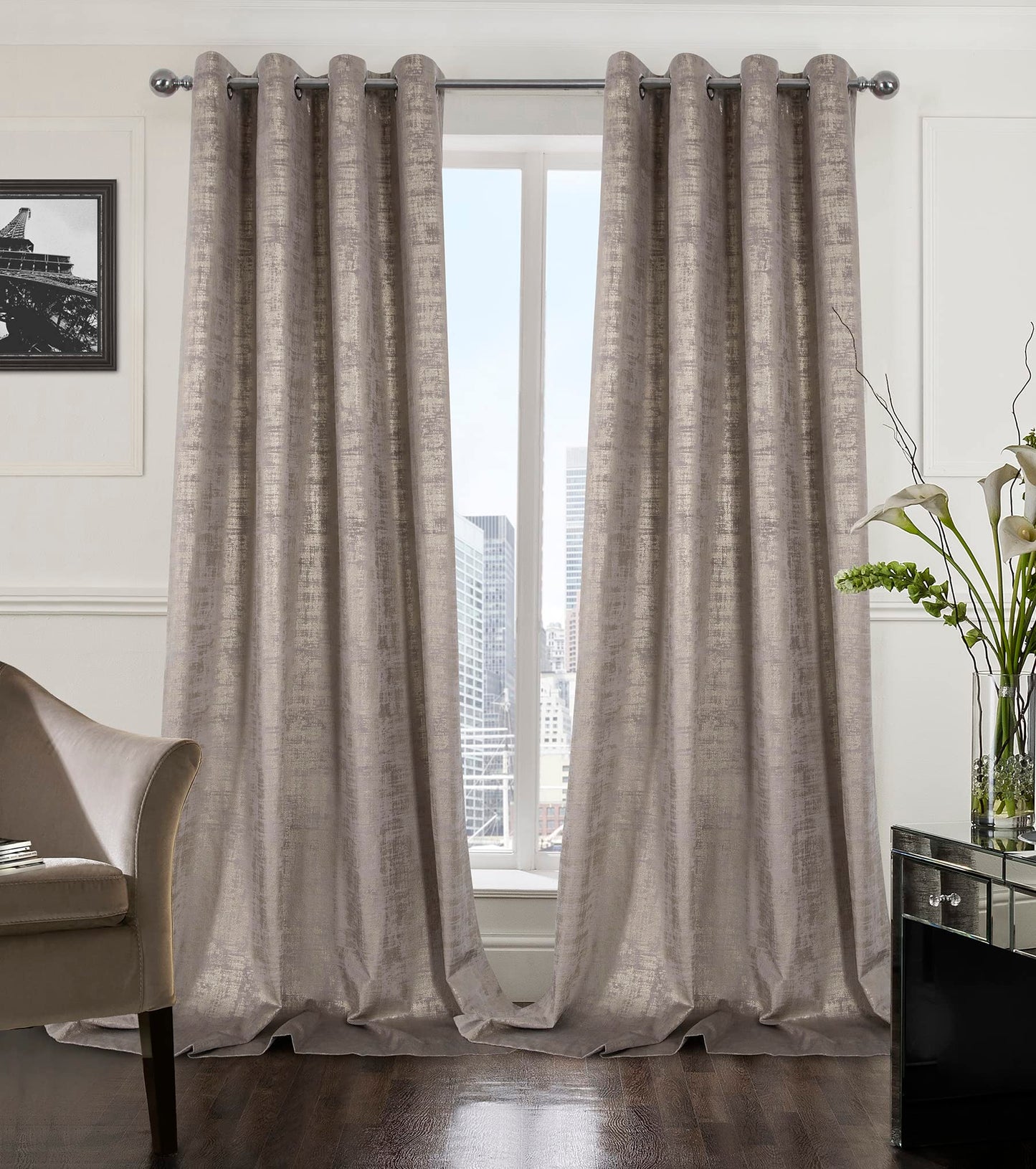 always4u Champagne Soft Velvet Curtains 108 Inch Length Long Luxury Bedroom Curtains Gold Foil Print Window Treatments for Living Room Bedroom Set of 2
