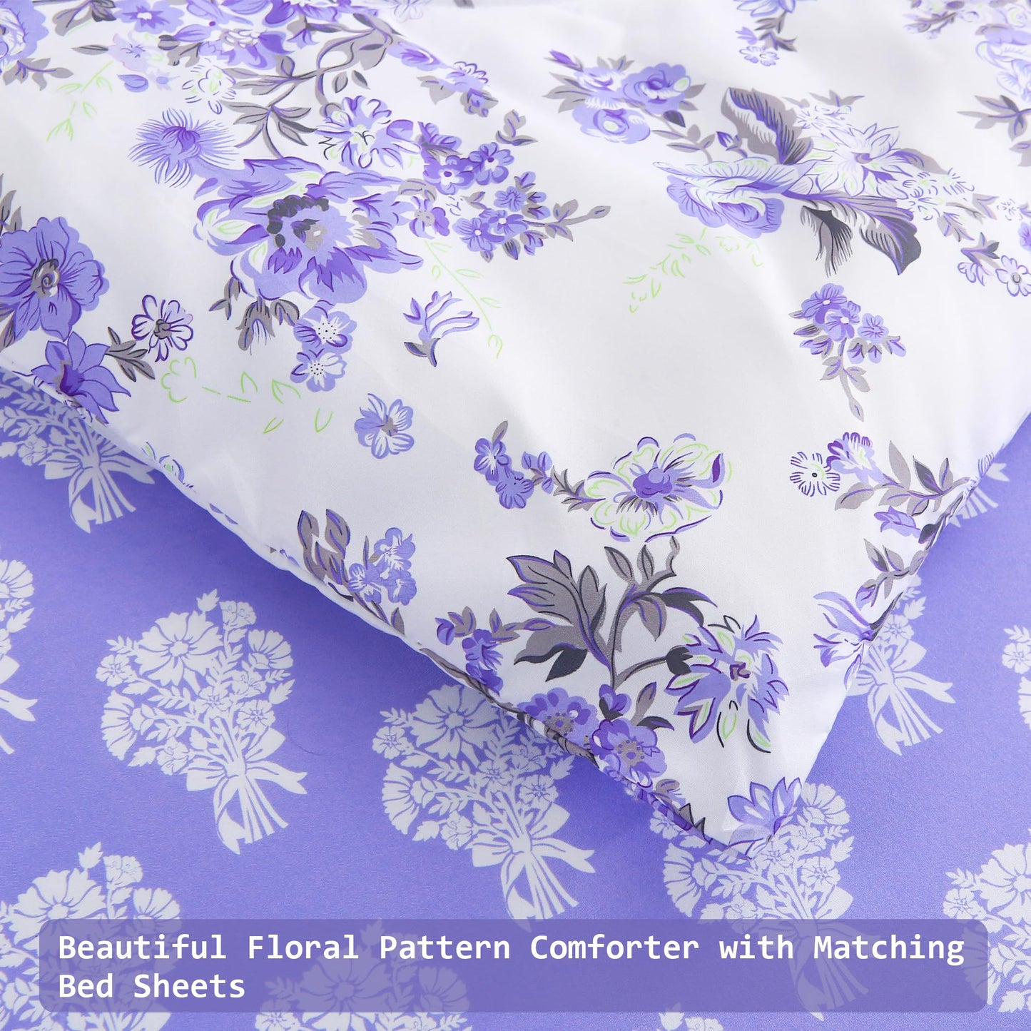 lasoftan Floral Queen Comforter Set with Sheets, 7 piece Luxury Vintage Bedding, Soft Microfiber Bed in a Bag, Cozy Lightweight Bed Set, Lavender Flower Grey Leaf