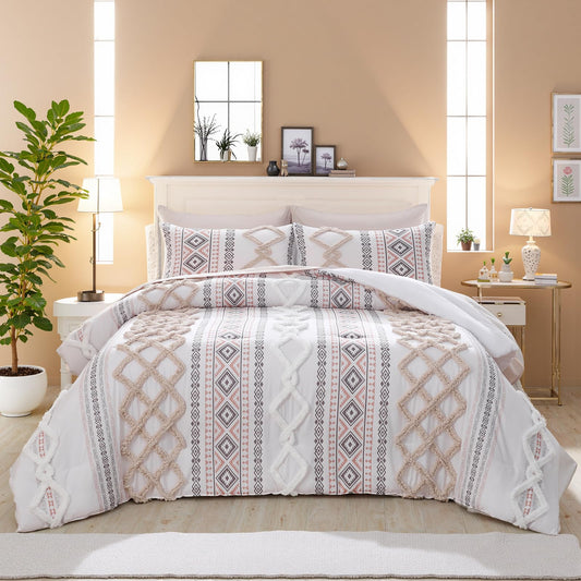 MOVE OVER Beige Tufted Comforter Set Queen Size 7 Pieces Farmhouse Bedding Set Boho Aztec Comforter Set and Sheet Set Mid Century Boho Tufted Comforter Set for All Seasons