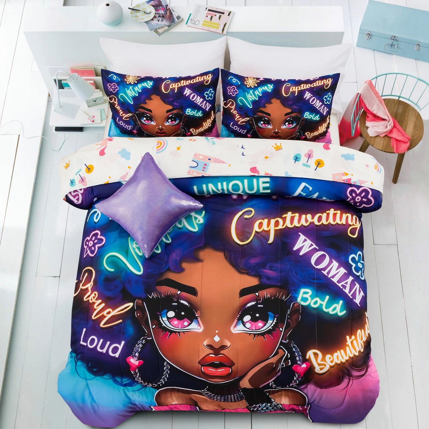 A Nice Night 6pcs Comforter Sets,Black Girl with Fashionable Attire Printing, Printed with Letters Background Kids Bedding Set,Twin