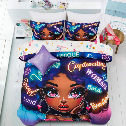 A Nice Night 6pcs Comforter Sets,Black Girl with Fashionable Attire Printing, Printed with Letters Background Kids Bedding Set,Twin