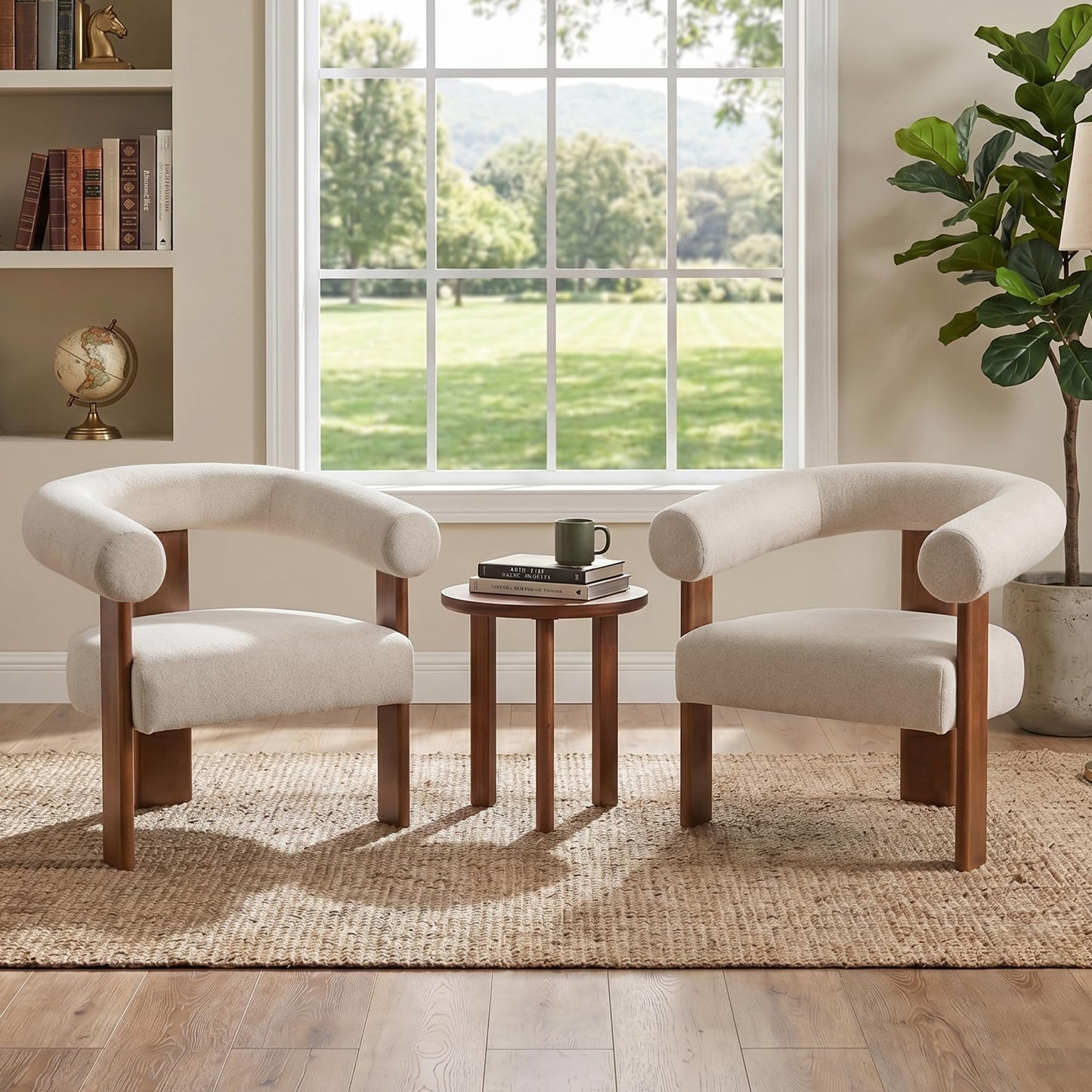 Usaint Upholstered Accent Chairs Set of 2, Mid-Century Modern Arm Chair Living Room Chairs with Walnut Wood Legs, Comfy Barrel Accent Chairs for Living Room, Bedroom, Vanity, Reading Room, Khaki