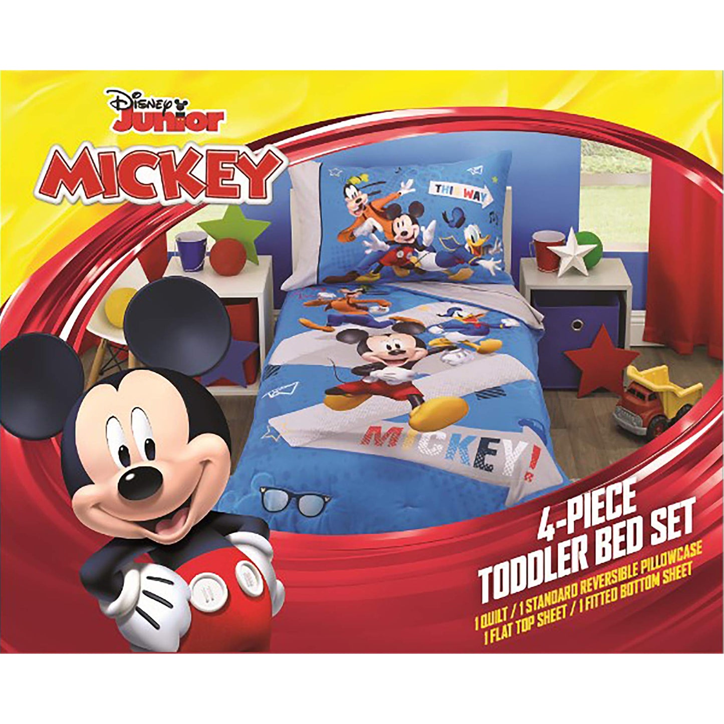 Disney Mickey Mouse and Pals 4 Piece Toddler Bedding Set - Fitted Sheet, Pillow Case, Top Sheet, and Comforter Quilt - Blue